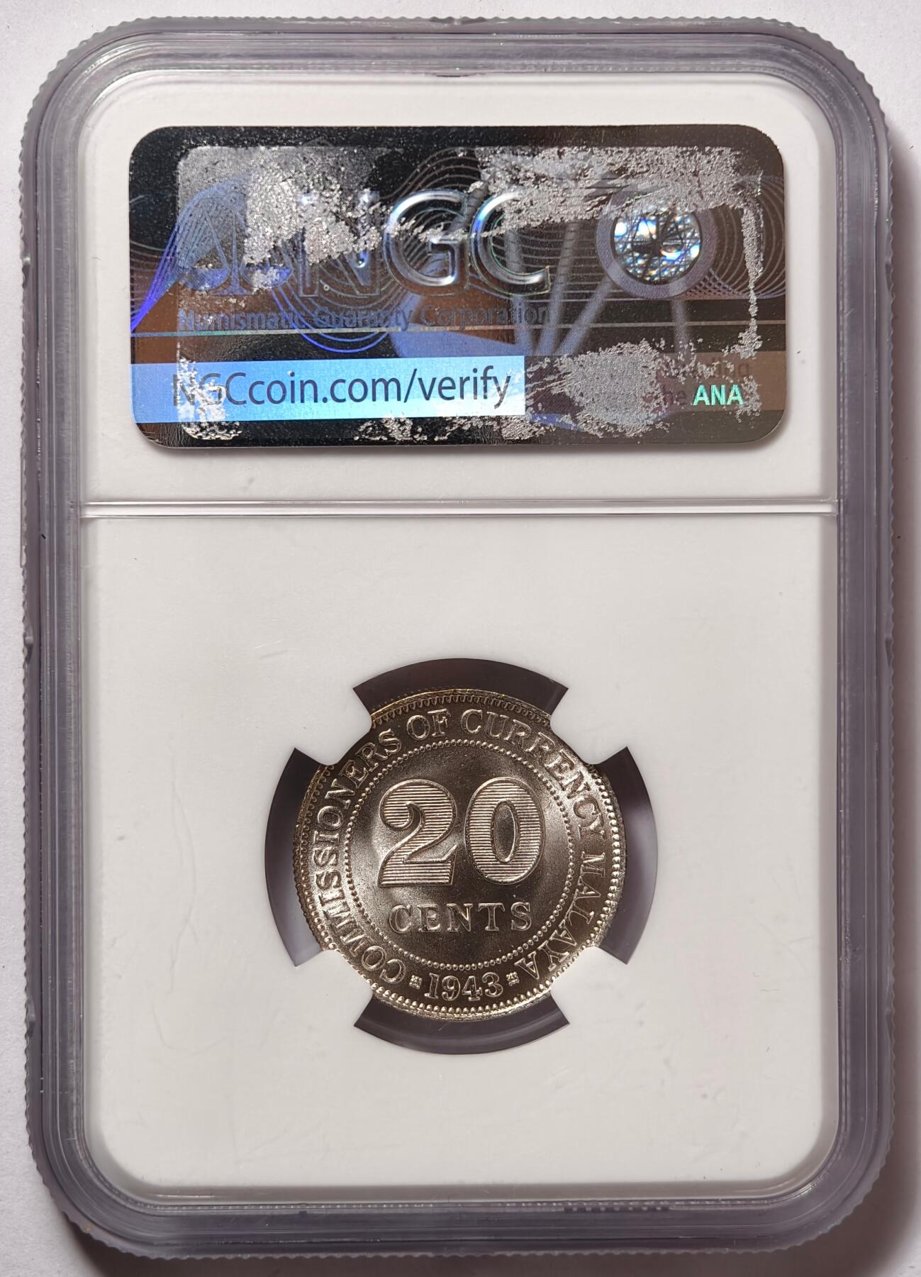 紫瑗钱币——第474期 马来亚 1943年 乔治六世 20分 银币 NGC MS64