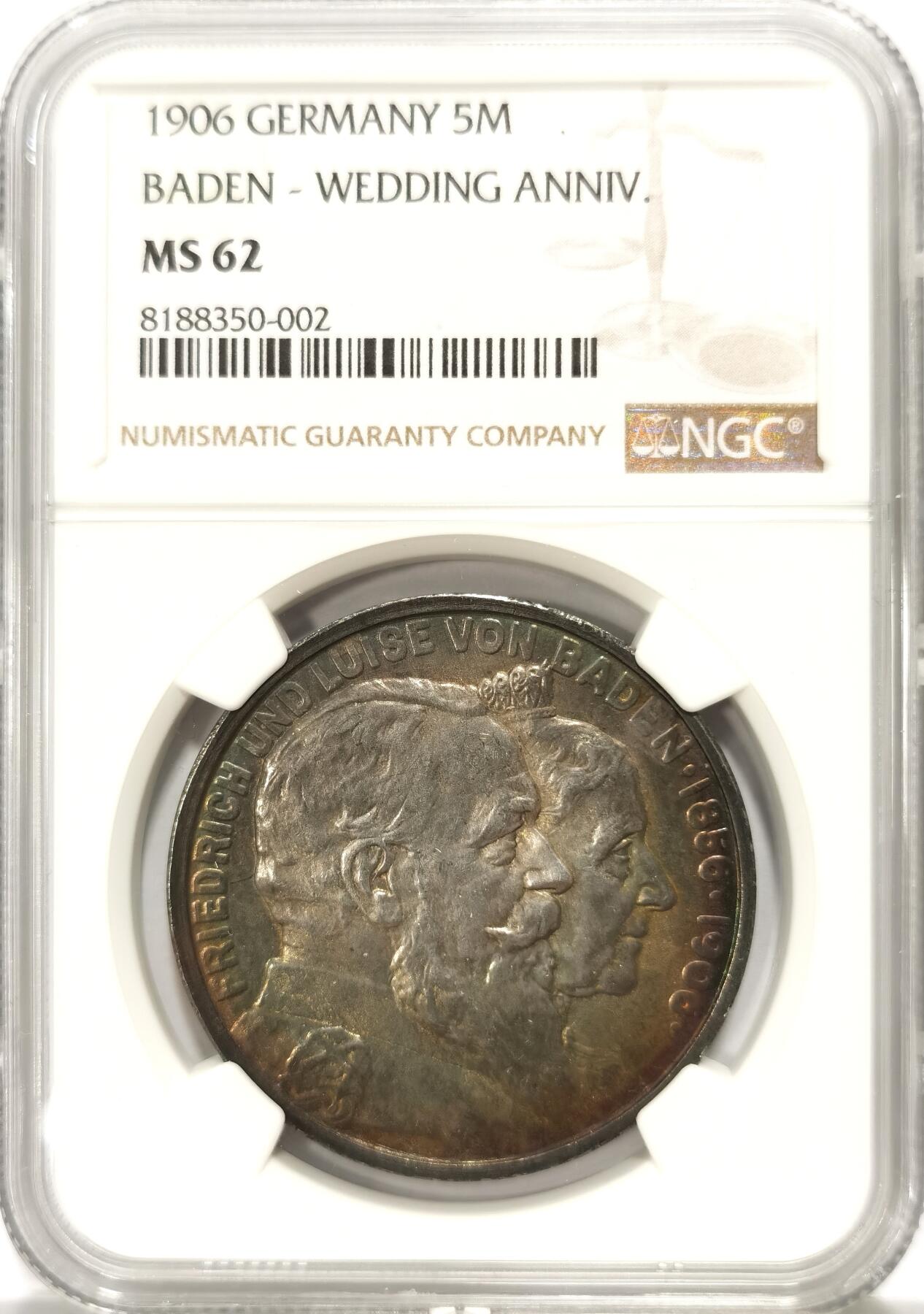 博洋堂世界钱币拍卖第103期（全场包邮） NGC MS62 德国巴登1906年金婚纪念5马克银币 彩包浆，状态很好，低评。