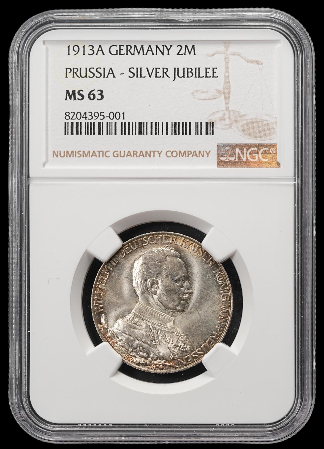 修遠堂世界钱币第五十期 全场包邮 NGC MS63 1913年普鲁士威廉二世登基25周年纪念2马克银币