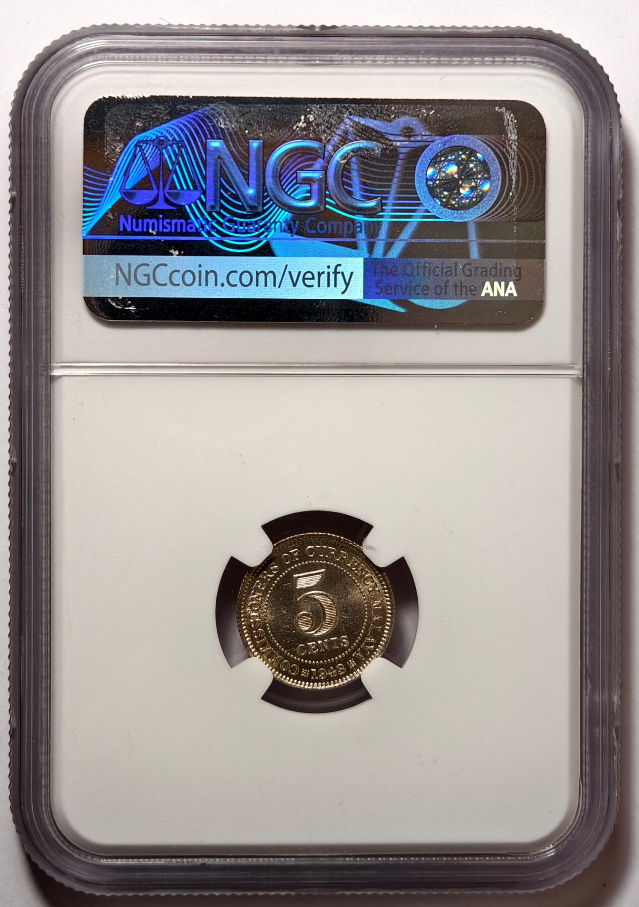 紫瑗钱币——第476期 马来亚 1943年 乔治六世 5分 银币 NGC MS63