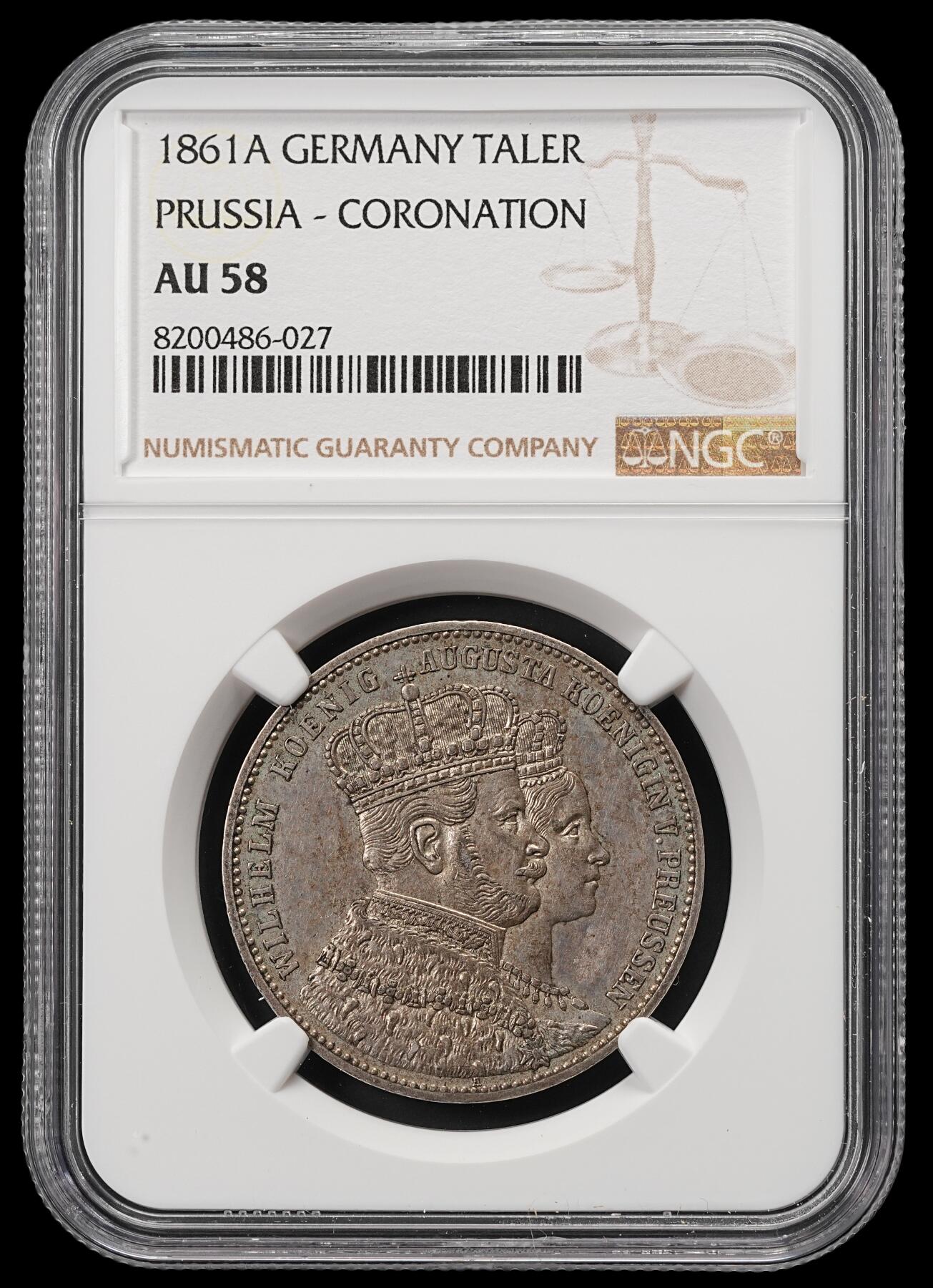 修遠堂世界钱币第五十期 全场包邮 NGC AU58 1861年普鲁士威廉一世加冕纪念1泰勒银币