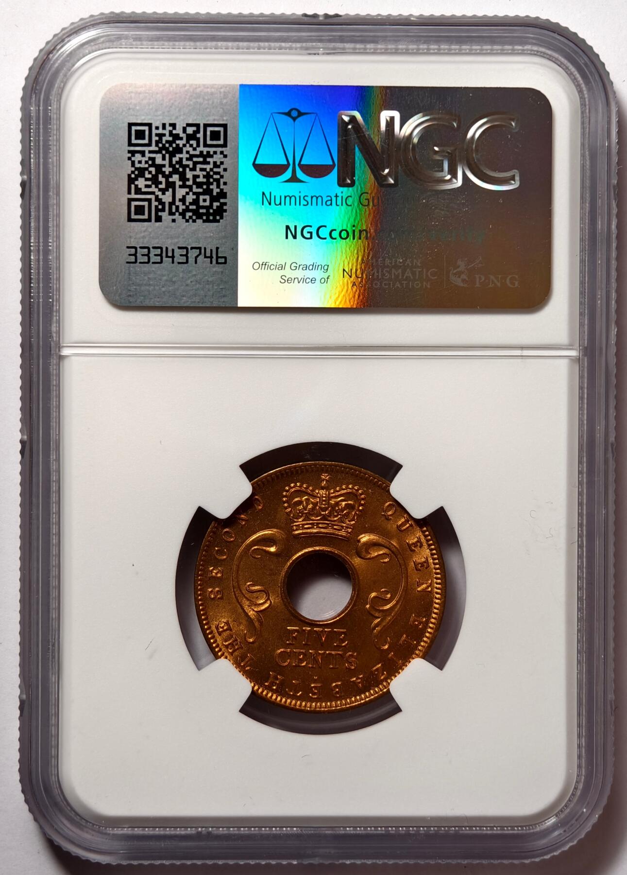 紫瑗钱币——第474期 英属东非 1956年 H版 伊丽莎白二世 5分 红铜币 NGC MS65 RD