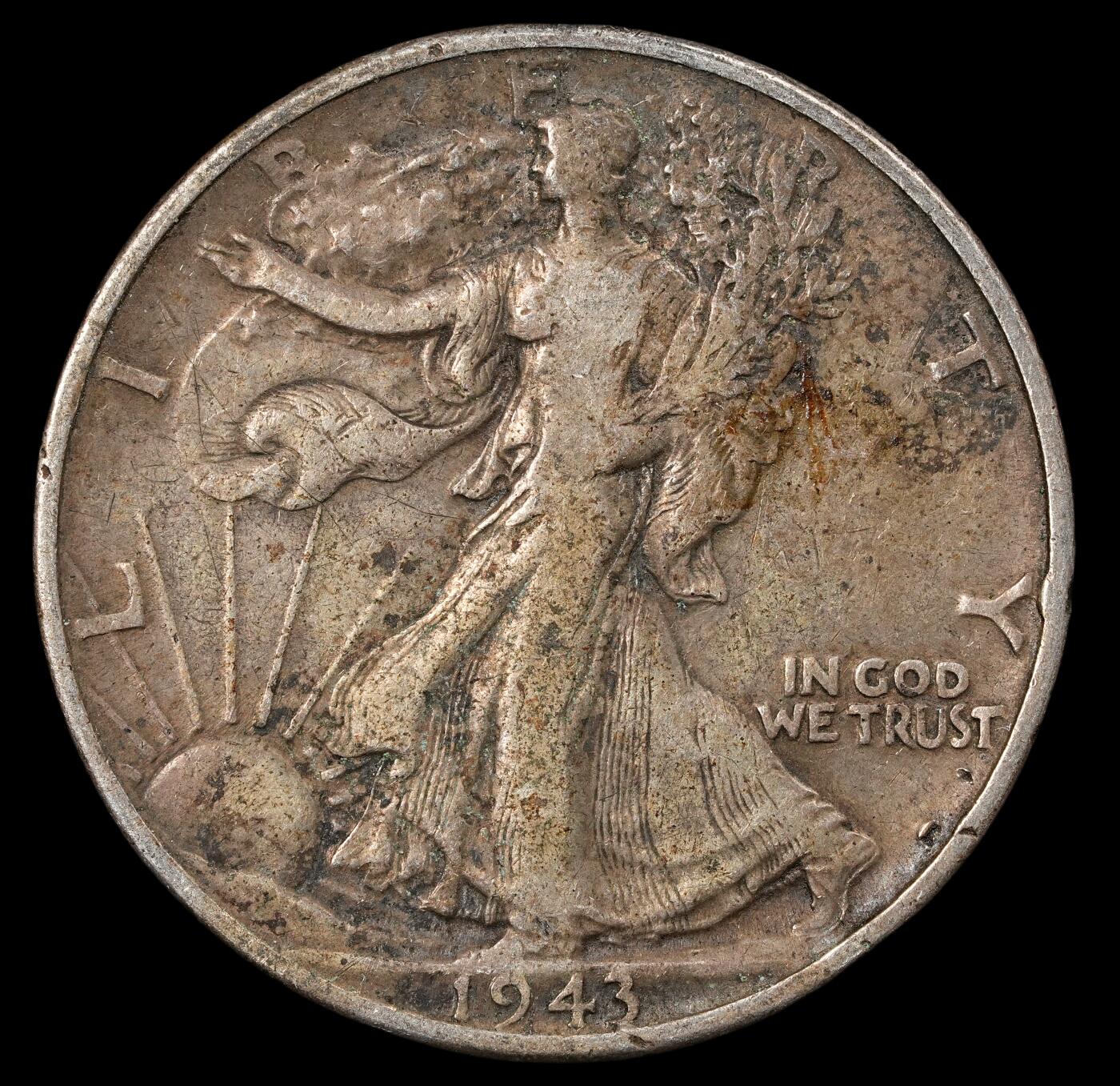 修遠堂世界钱币第五十期 全场包邮 1943年美国行走的女神50美分银币 12.35g