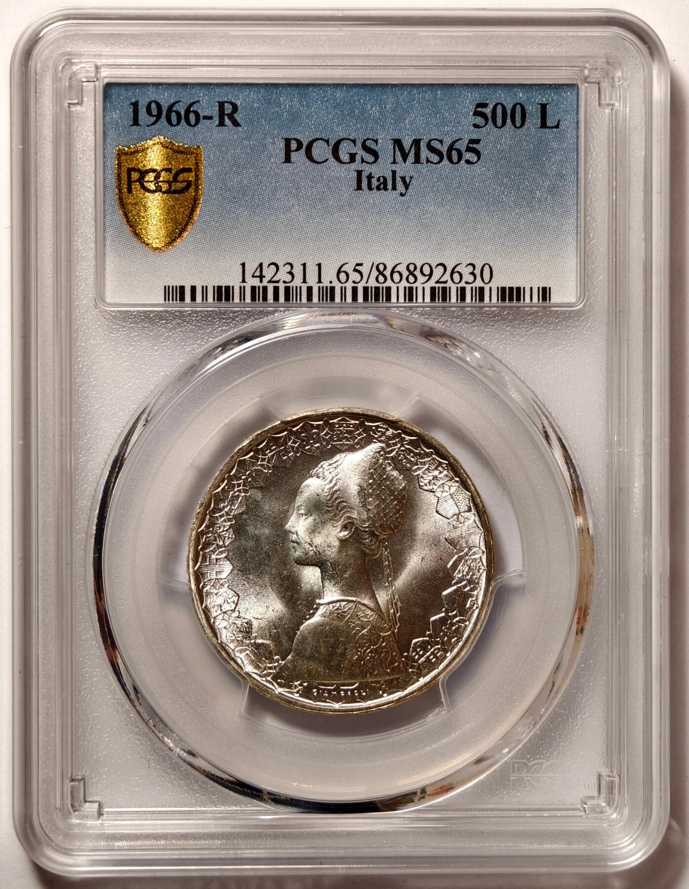 紫瑗钱币——第474期 意大利 1966年 R版 少女与帆船 500里拉 银币 PCGS MS65