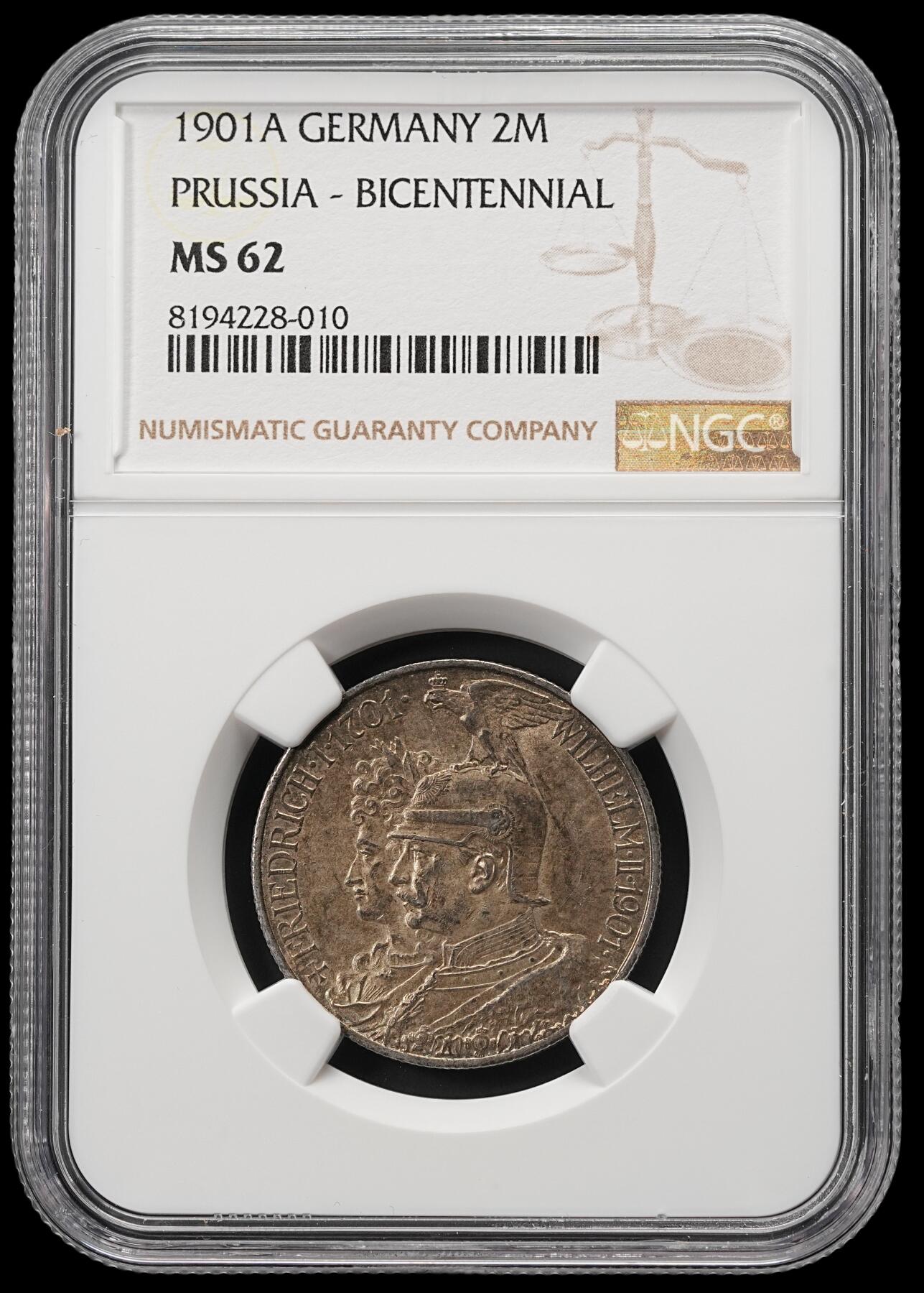 修遠堂世界钱币第五十期 全场包邮 NGC MS62 1901年普鲁士建国200周年2马克银币