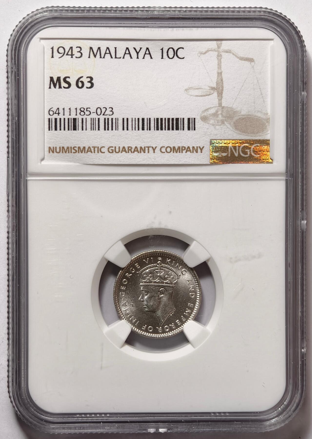 紫瑗钱币——第476期 马来亚 1943年 乔治六世 10分 银币 NGC MS63
