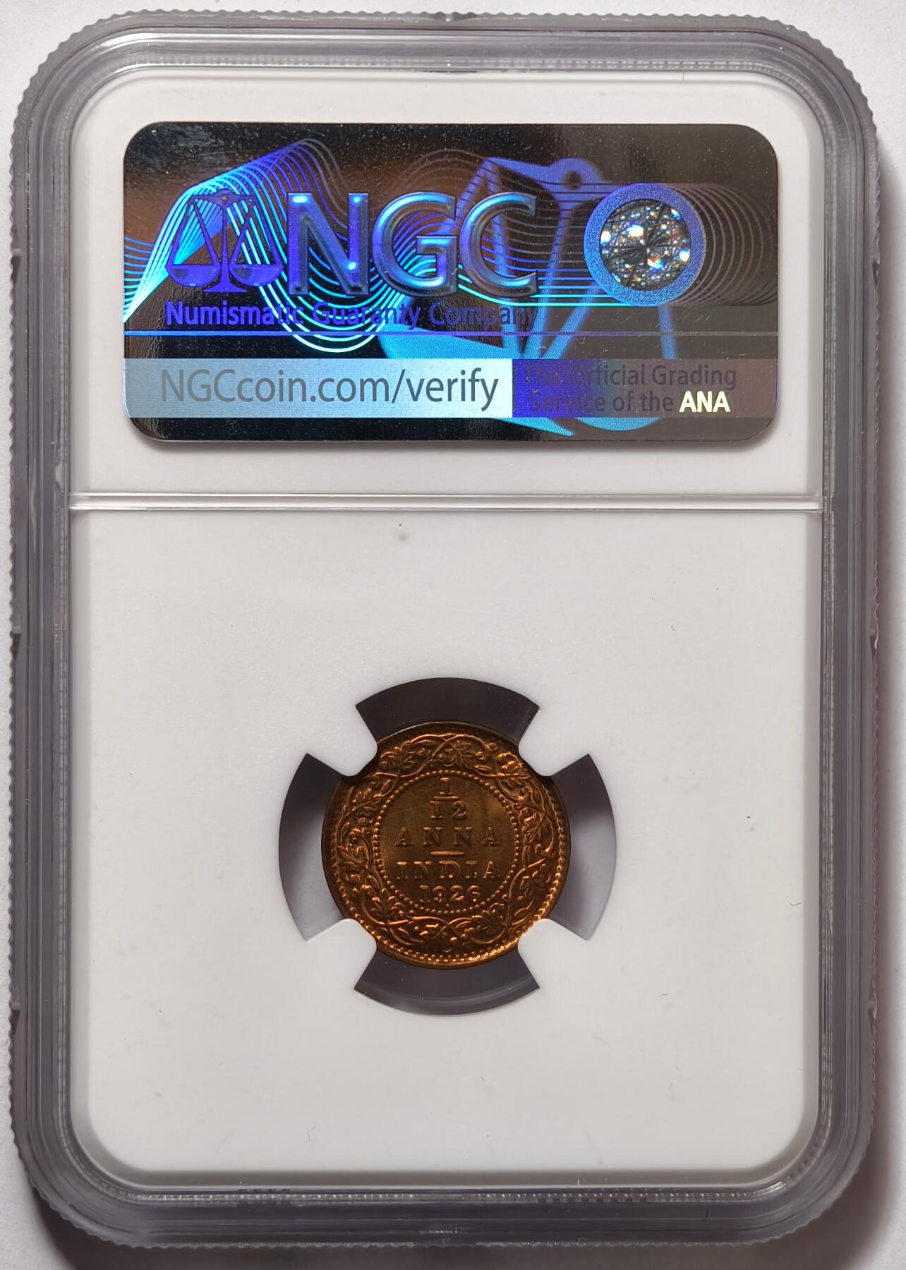 紫瑗钱币——第476期 英属印度 1926年 B版 乔治五世 1/12安娜 铜币 NGC MS65 RB