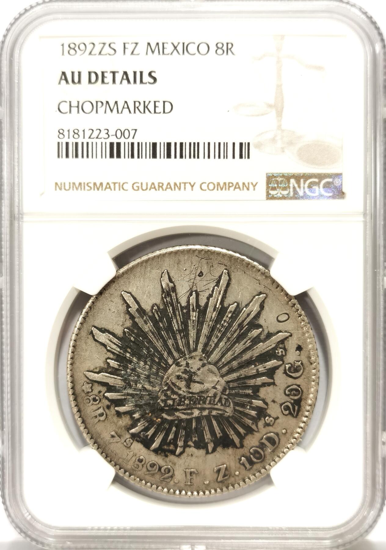 博洋堂世界钱币拍卖第103期（全场包邮） NGC AU 墨西哥1892年ZS FZ版花边鹰洋，原味墨印