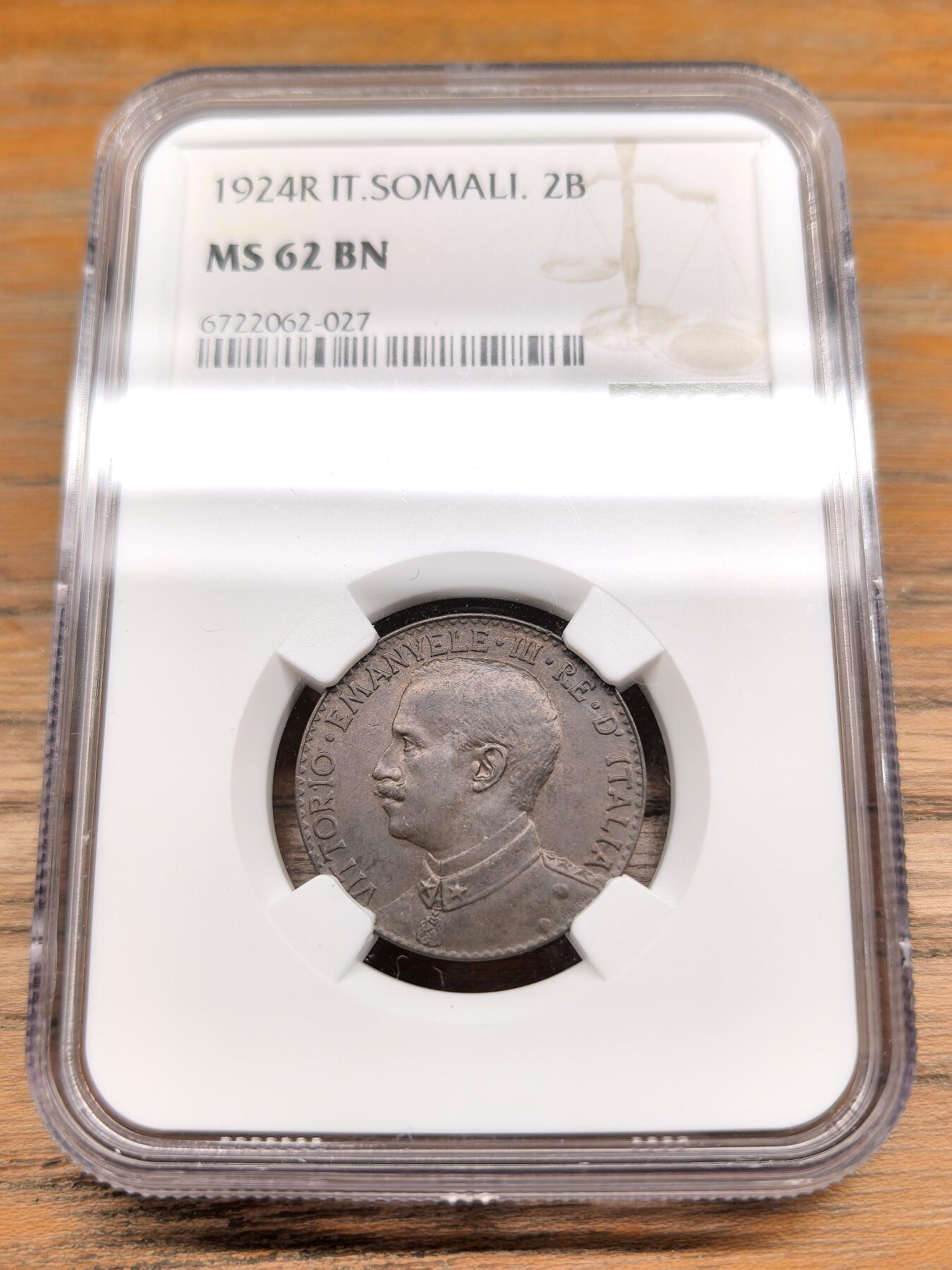 凡希社世界钱币微拍第二百九十三期 1924意属索马里2Besa铜币NGC-MS62，环印度洋卢比体系一员，这套铜币流通充分，能上MS相当罕见。
