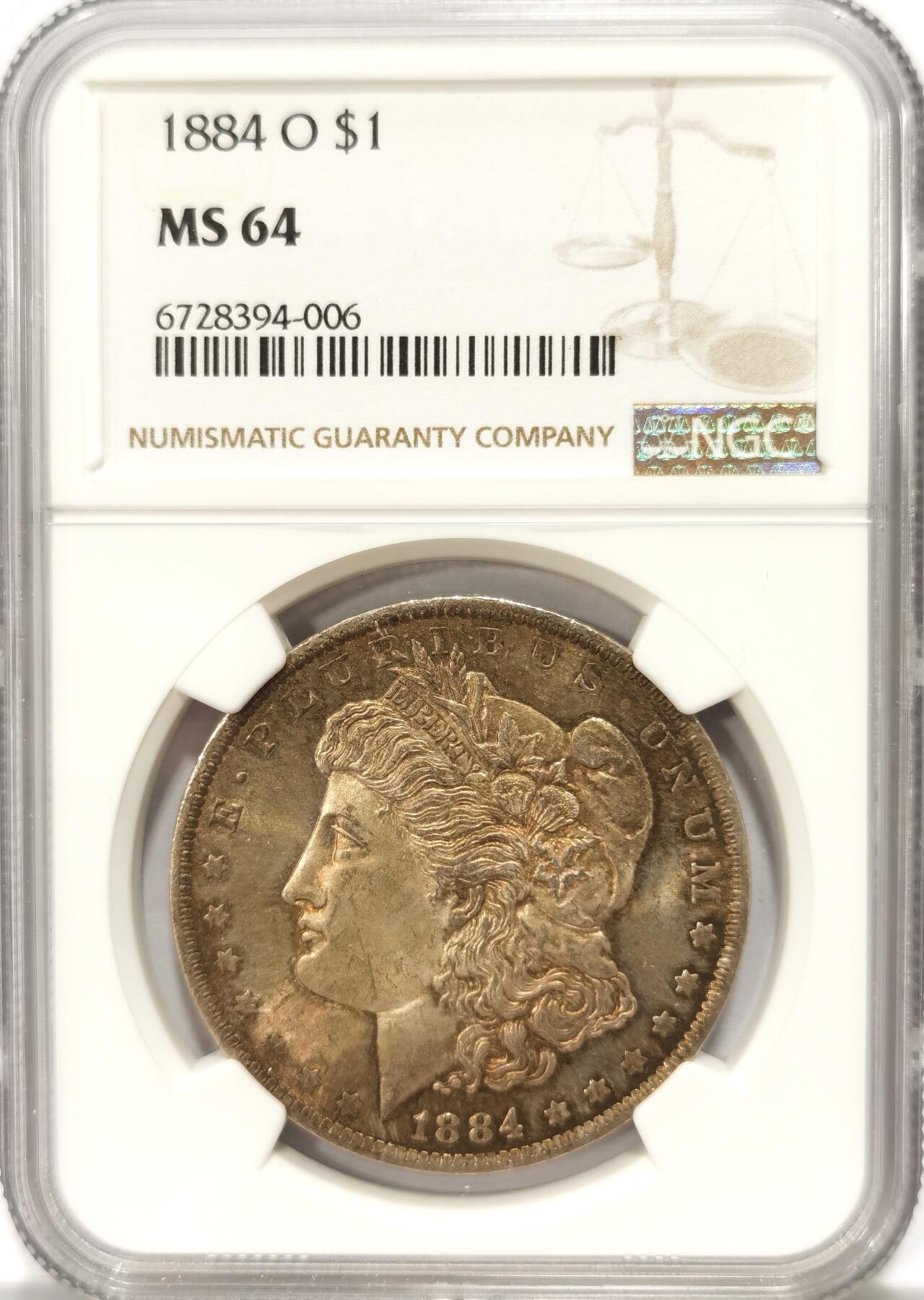 博洋堂世界钱币拍卖第103期（全场包邮） 1884年美国摩根银币O版NGC-MS64，原汁原味五彩老包浆，包浆醇厚浓郁，打制精美，状态一流。卷首拆卷，币面五彩斑斓。