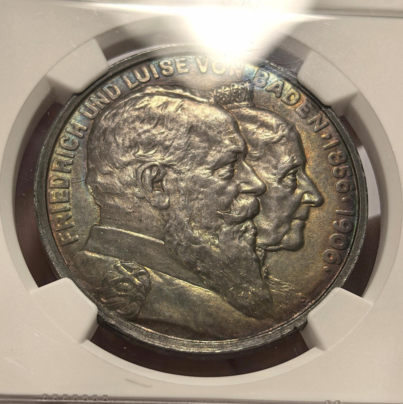 博洋堂世界钱币拍卖第103期（全场包邮） NGC MS62 德国巴登1906年金婚纪念5马克银币 彩包浆，状态很好，低评。