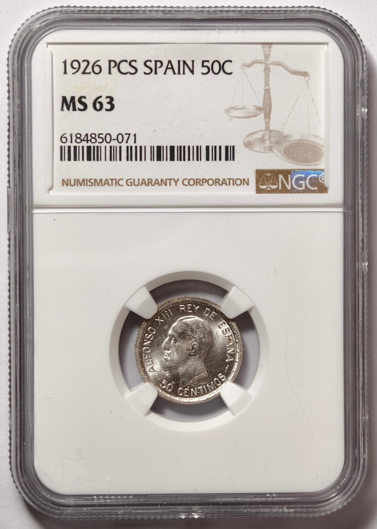 紫瑗钱币——第474期 西班牙 1926年 阿方索十三世 50分银币 NGC MS63