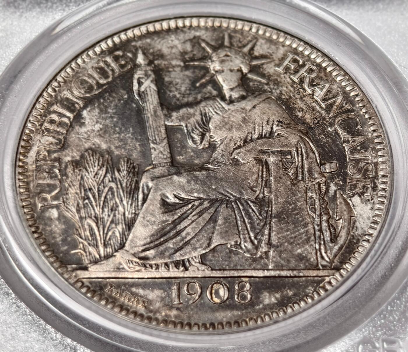 紫瑗钱币——第468期 法属印度支那 1908年  坐洋 1皮阿斯特 银币 公博 AU50