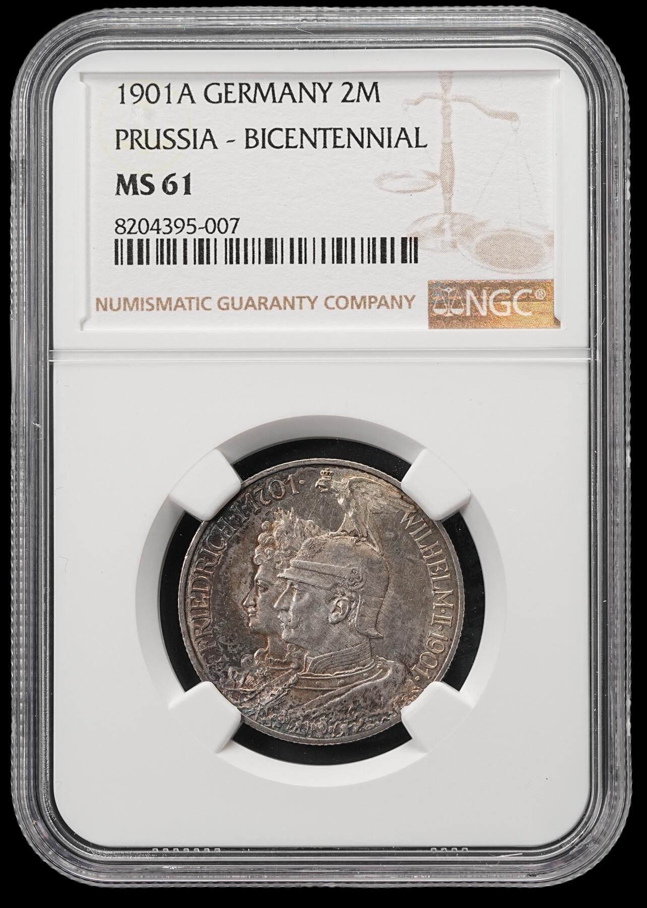 修遠堂世界钱币第五十期 全场包邮 NGC MS61 1901年普鲁士建国200周年2马克银币