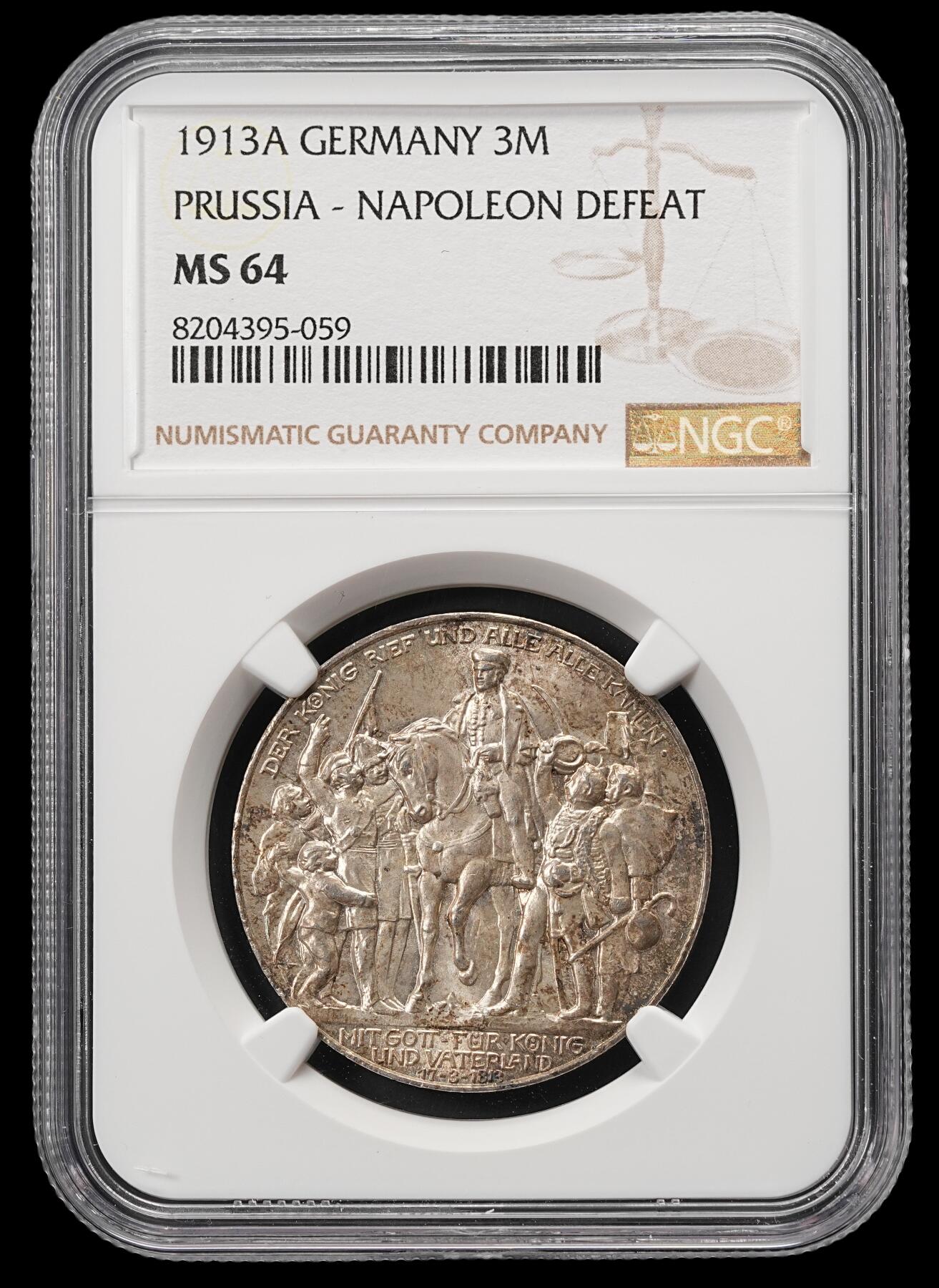 修遠堂世界钱币第五十期 全场包邮 NGC MS64 1913年普鲁士战胜拿破仑百年纪念3马克银币