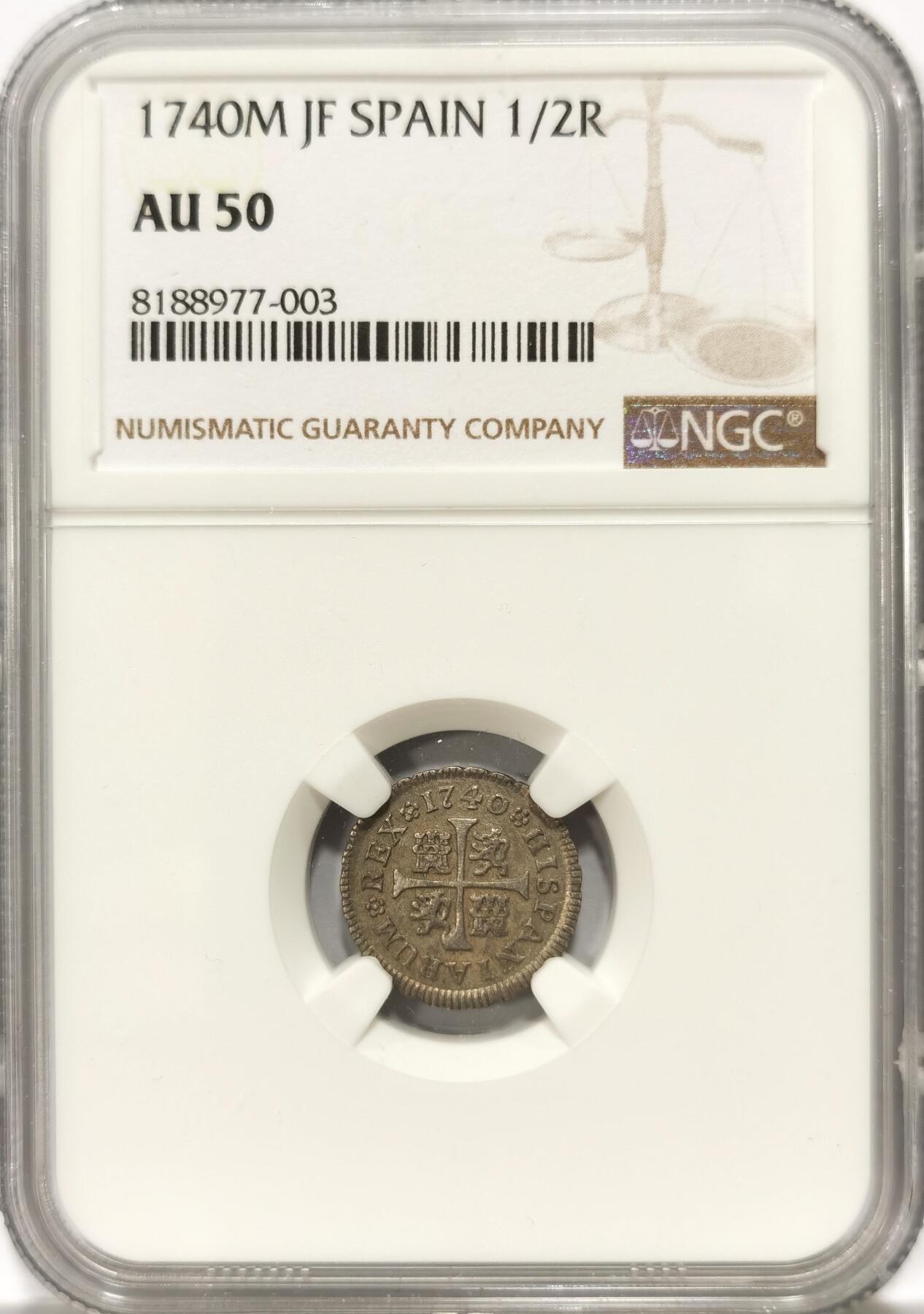 博洋堂世界钱币拍卖第103期（全场包邮） NGC AU50 西班牙1740年M JF本土1/2R银币，唯一冠军分！