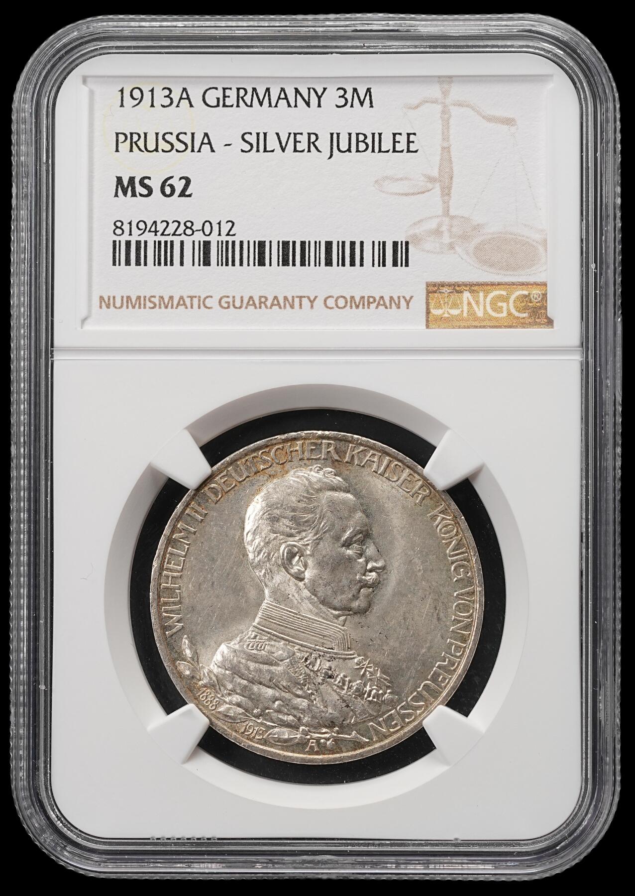 修遠堂世界钱币第五十期 全场包邮 NGC MS62 1913年普鲁士威廉二世登基25周年纪念3马克银币