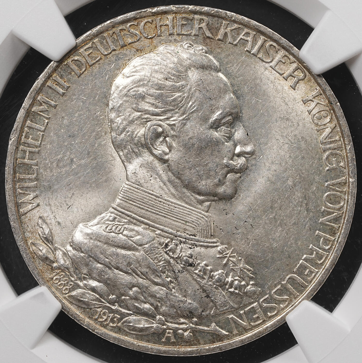 修遠堂世界钱币第五十期 全场包邮 NGC MS62 1913年普鲁士威廉二世登基25周年纪念3马克银币