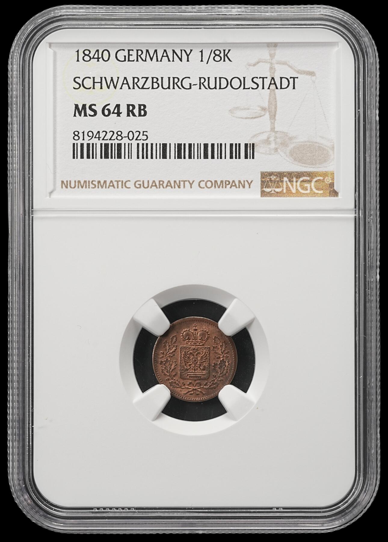 修遠堂世界钱币第五十期 全场包邮 NGC MS64RB 1840年施瓦茨堡-鲁多尔施塔特公国1/8克鲁泽铜币 唯一冠军分 仅铸造2.4万枚