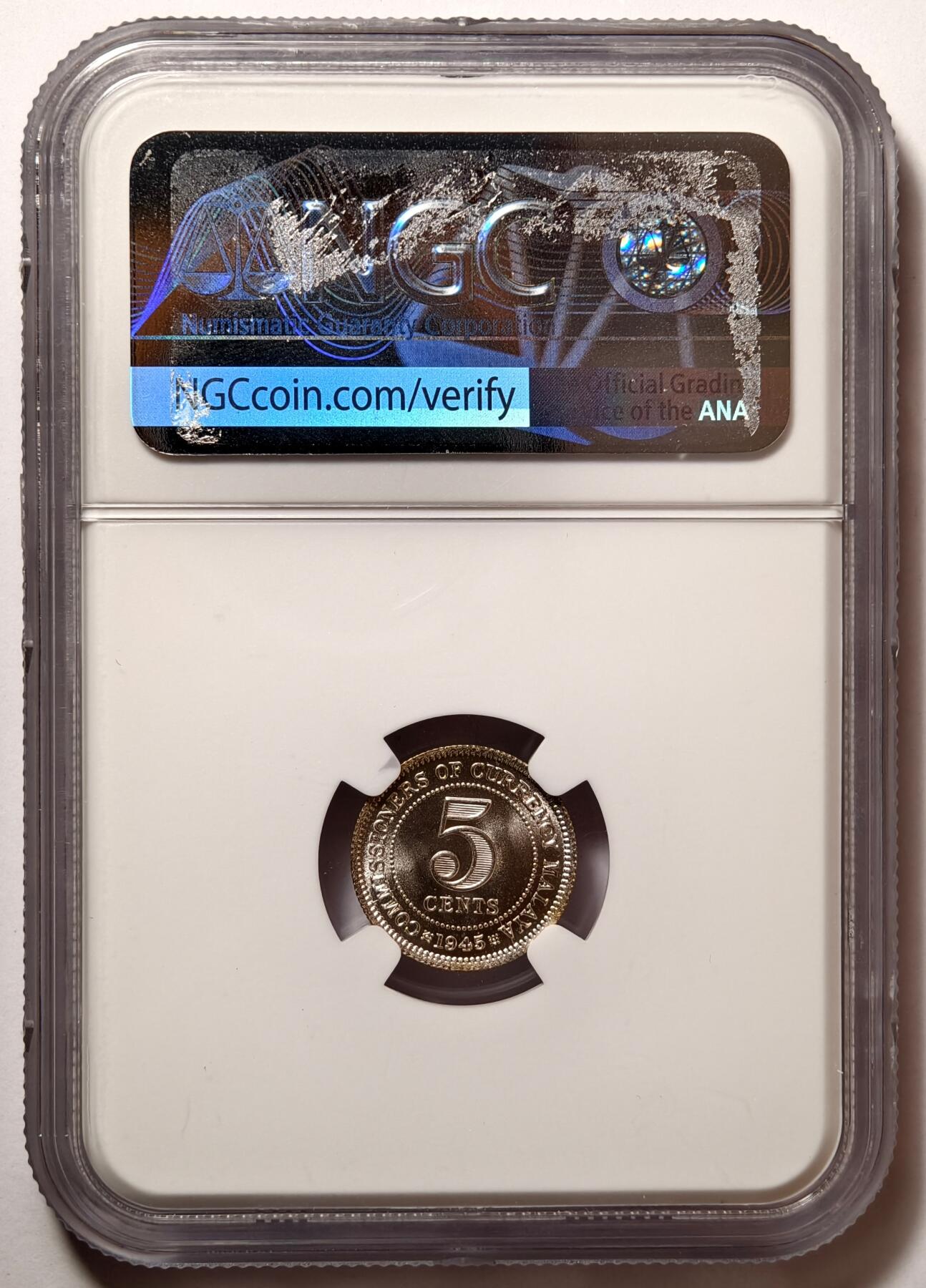 紫瑗钱币——第474期 马来亚 1945年 乔治六世 5分 银币 NGC MS64