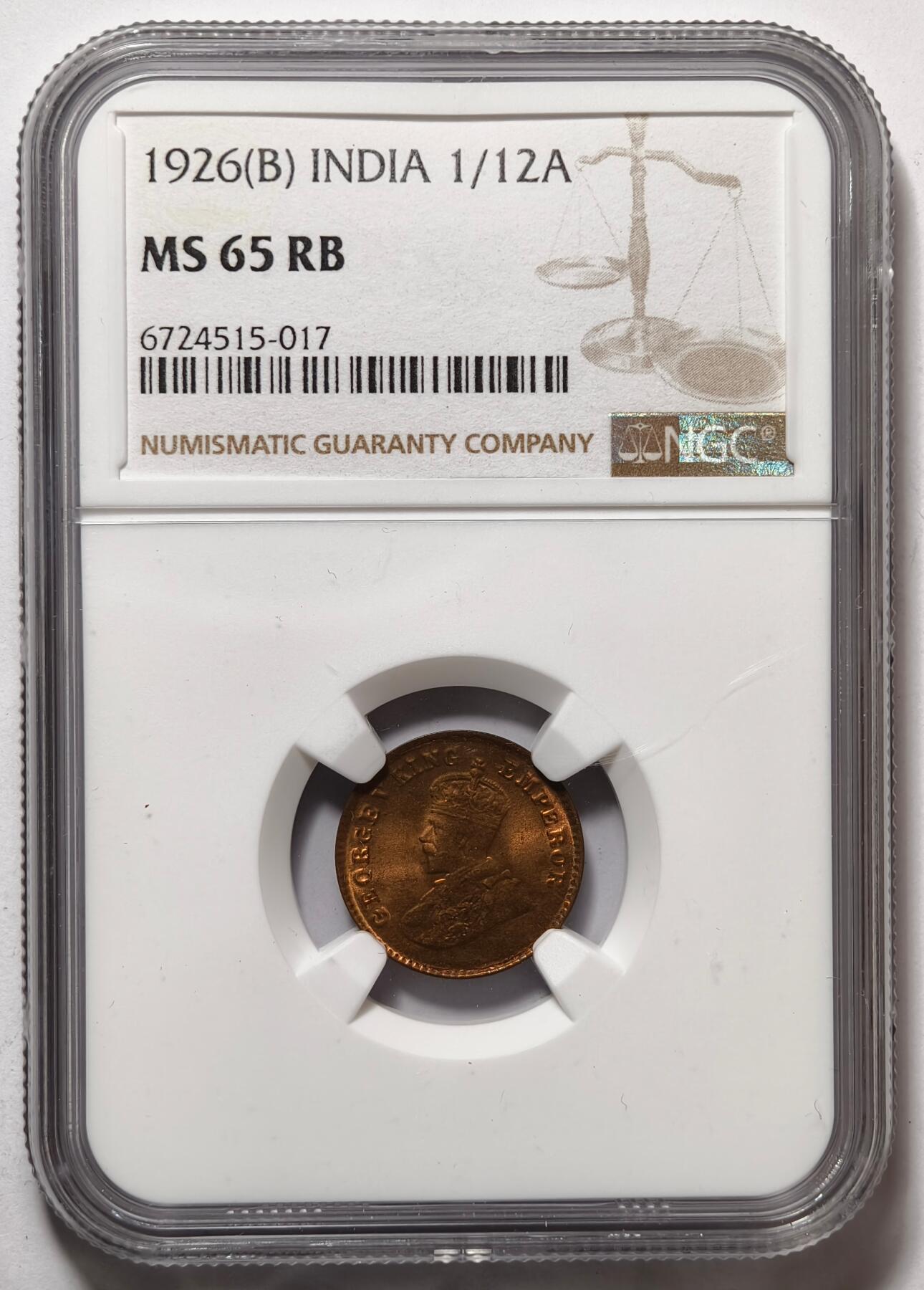 紫瑗钱币——第476期 英属印度 1926年 B版 乔治五世 1/12安娜 铜币 NGC MS65 RB