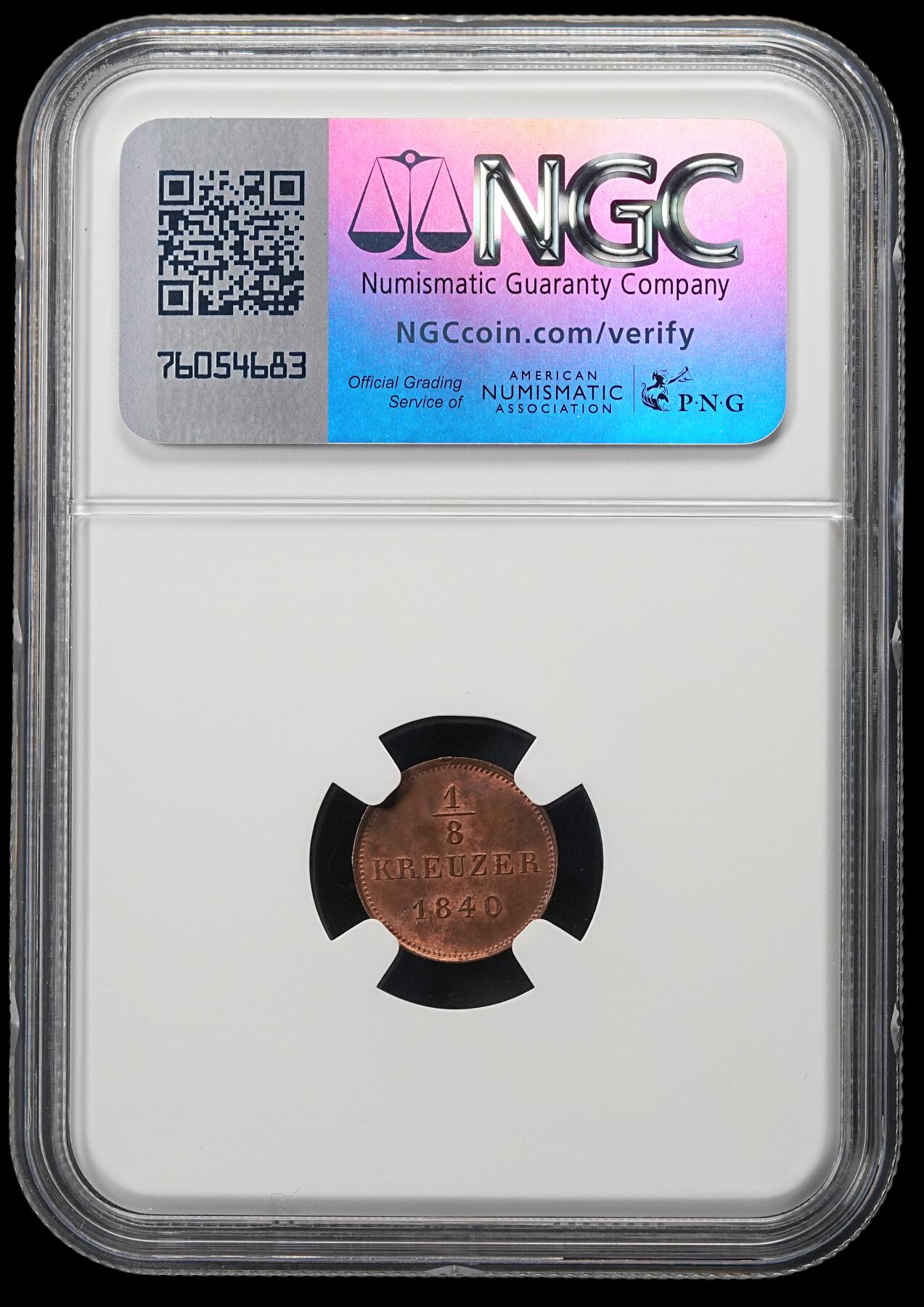 修遠堂世界钱币第五十期 全场包邮 NGC MS64RB 1840年施瓦茨堡-鲁多尔施塔特公国1/8克鲁泽铜币 唯一冠军分 仅铸造2.4万枚