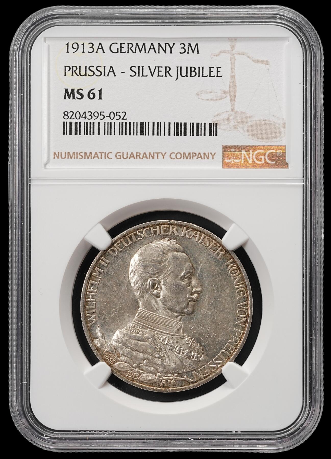 修遠堂世界钱币第五十期 全场包邮 NGC MS61 1913年普鲁士威廉二世登基25周年纪念3马克银币