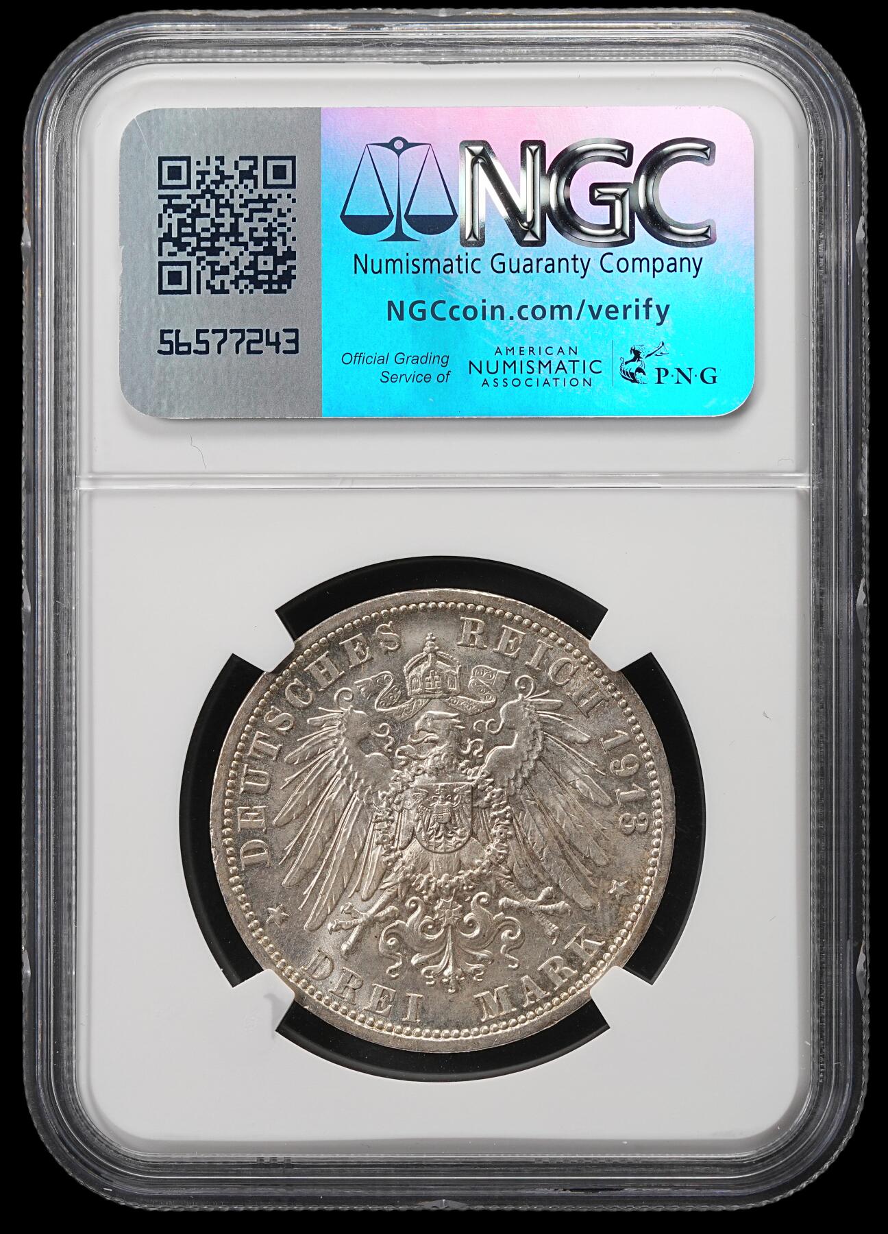 修遠堂世界钱币第五十期 全场包邮 NGC MS62 1913年普鲁士威廉二世登基25周年纪念3马克银币