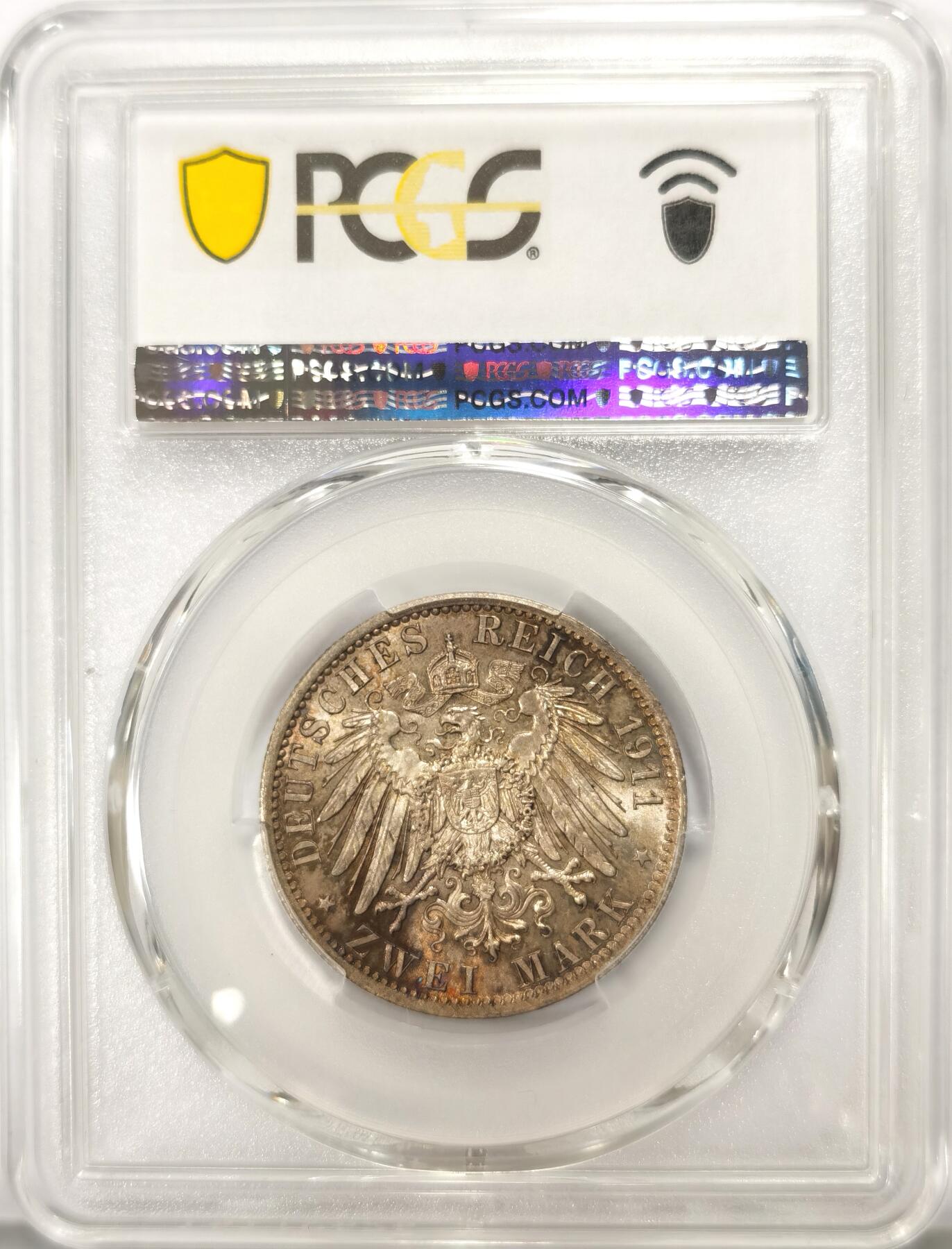 博洋堂世界钱币拍卖第103期（全场包邮） PCGS MS65 德国普鲁士1911年威廉二世流通2马克银币，炫彩包浆，难得的高分流通品。