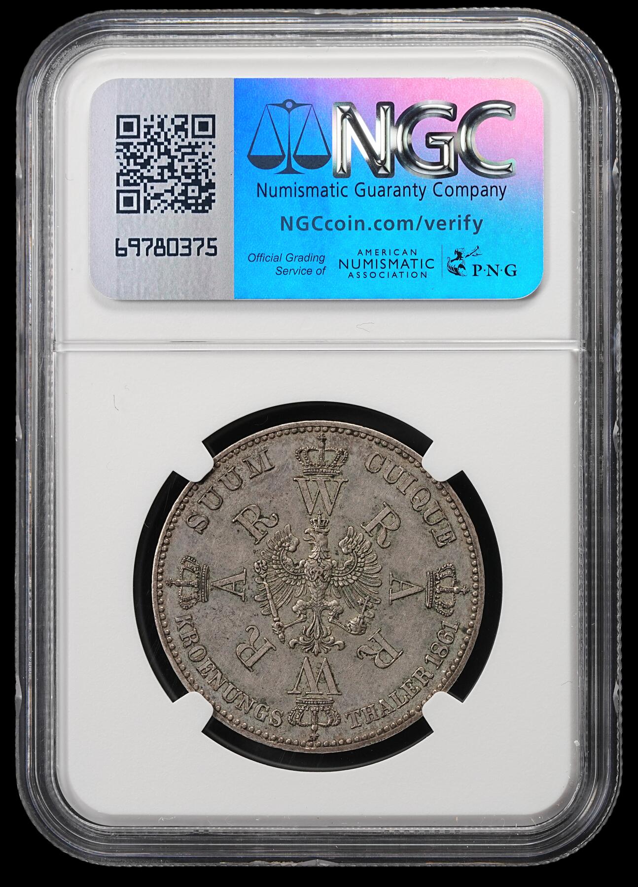 修遠堂世界钱币第五十期 全场包邮 NGC AU58 1861年普鲁士威廉一世加冕纪念1泰勒银币