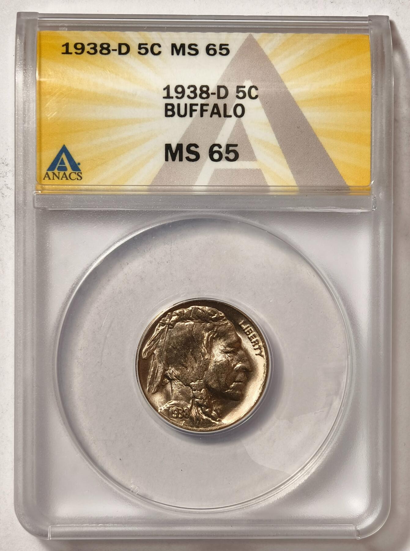 紫瑗钱币——第468期 美国 1938年 野牛 5美分  铜镍合金 ANACS MS65