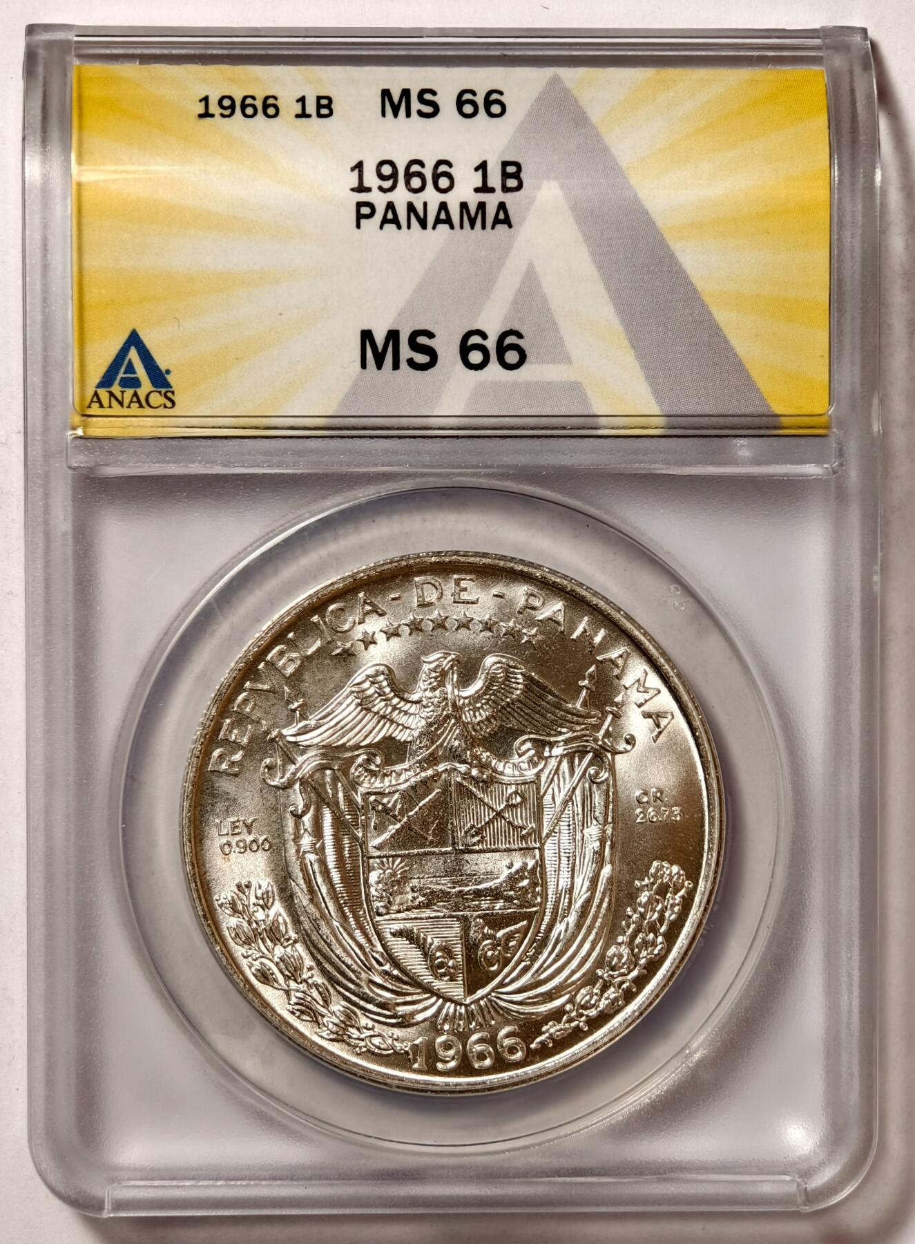 紫瑗钱币——第468期 巴拿马 1966年 总督巴尔博亚 1巴波亚 0.9银 26.73 克 ANACS MS66