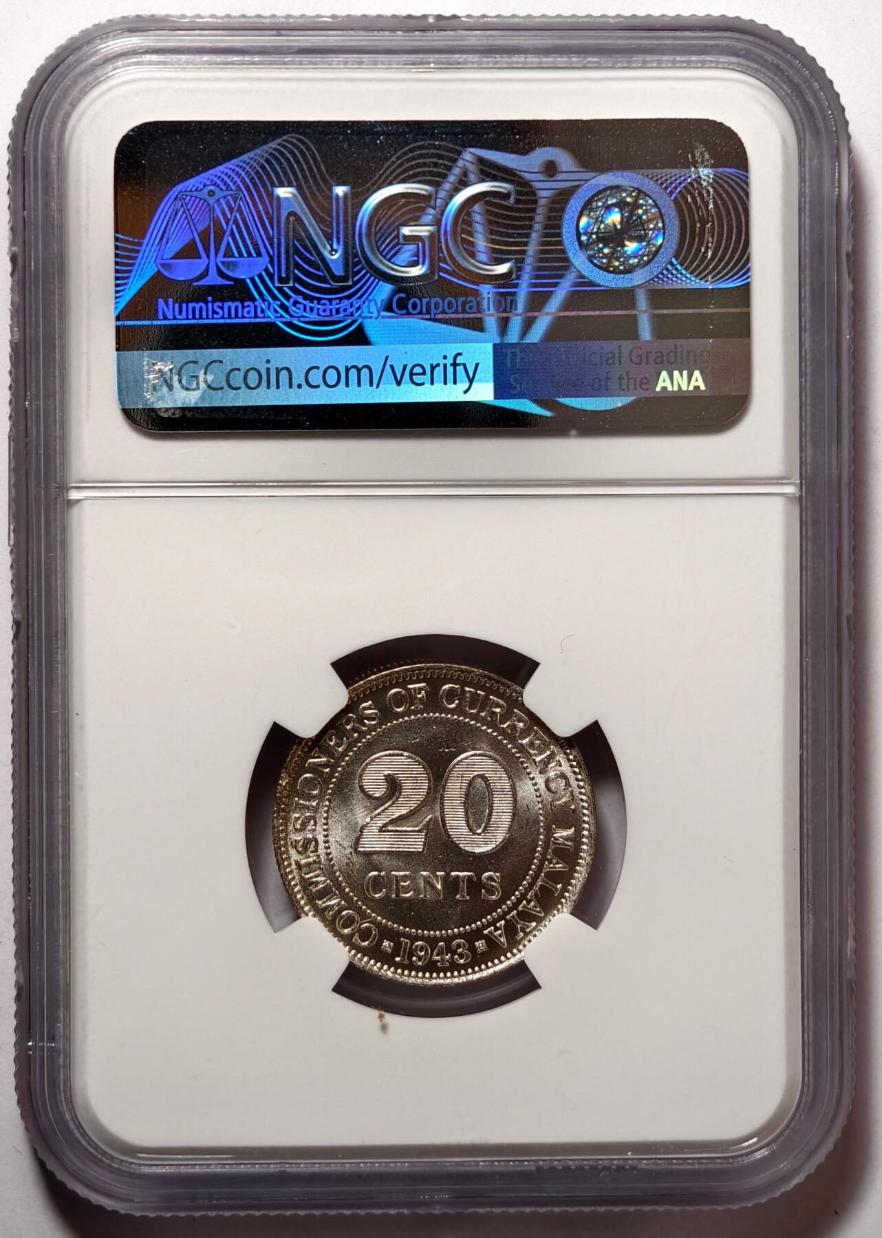 紫瑗钱币——第476期 马来亚 1943年 乔治六世 20分 银币 NGC MS61