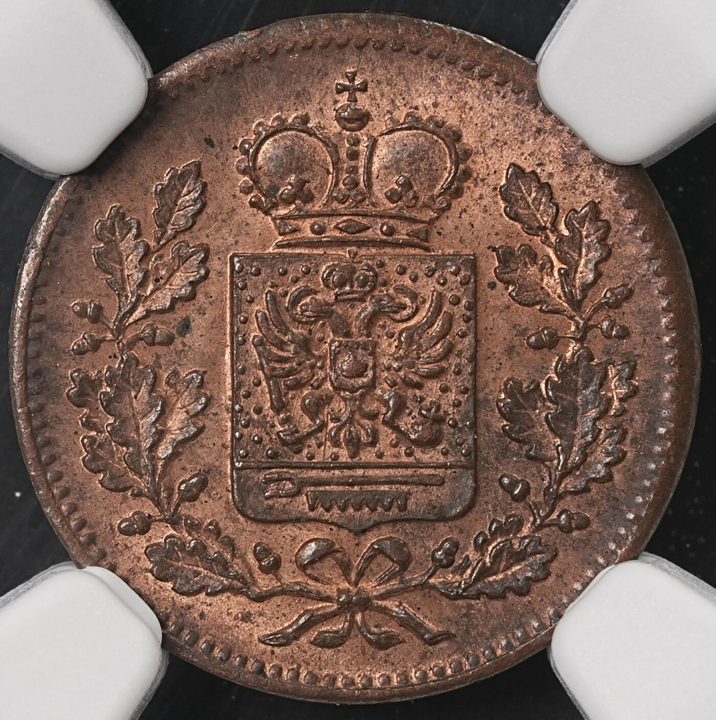 修遠堂世界钱币第五十期 全场包邮 NGC MS64RB 1840年施瓦茨堡-鲁多尔施塔特公国1/8克鲁泽铜币 唯一冠军分 仅铸造2.4万枚