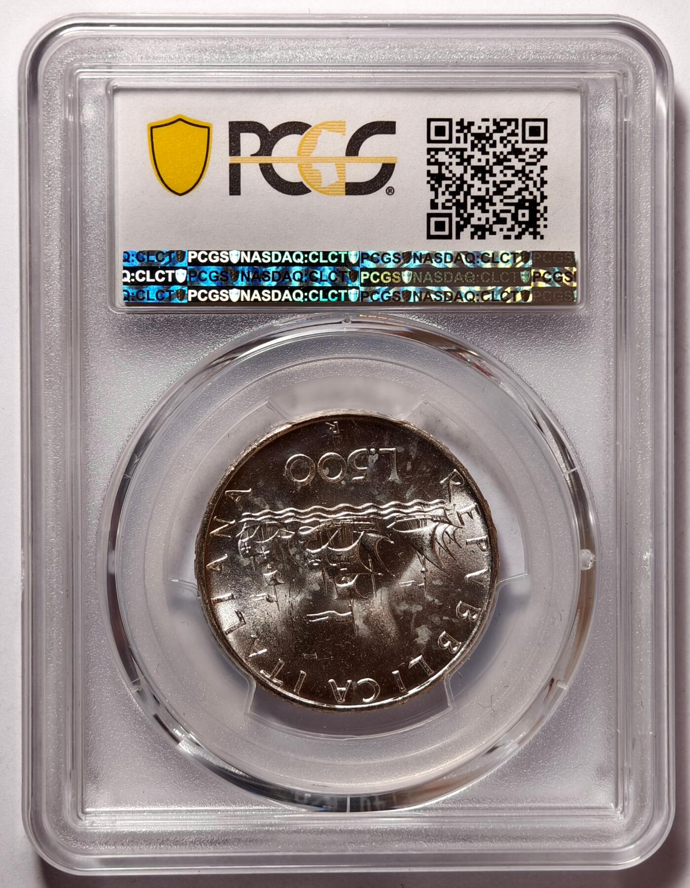 紫瑗钱币——第476期 意大利 1966年 R版 少女与帆船 500里拉 银币 PCGS MS65