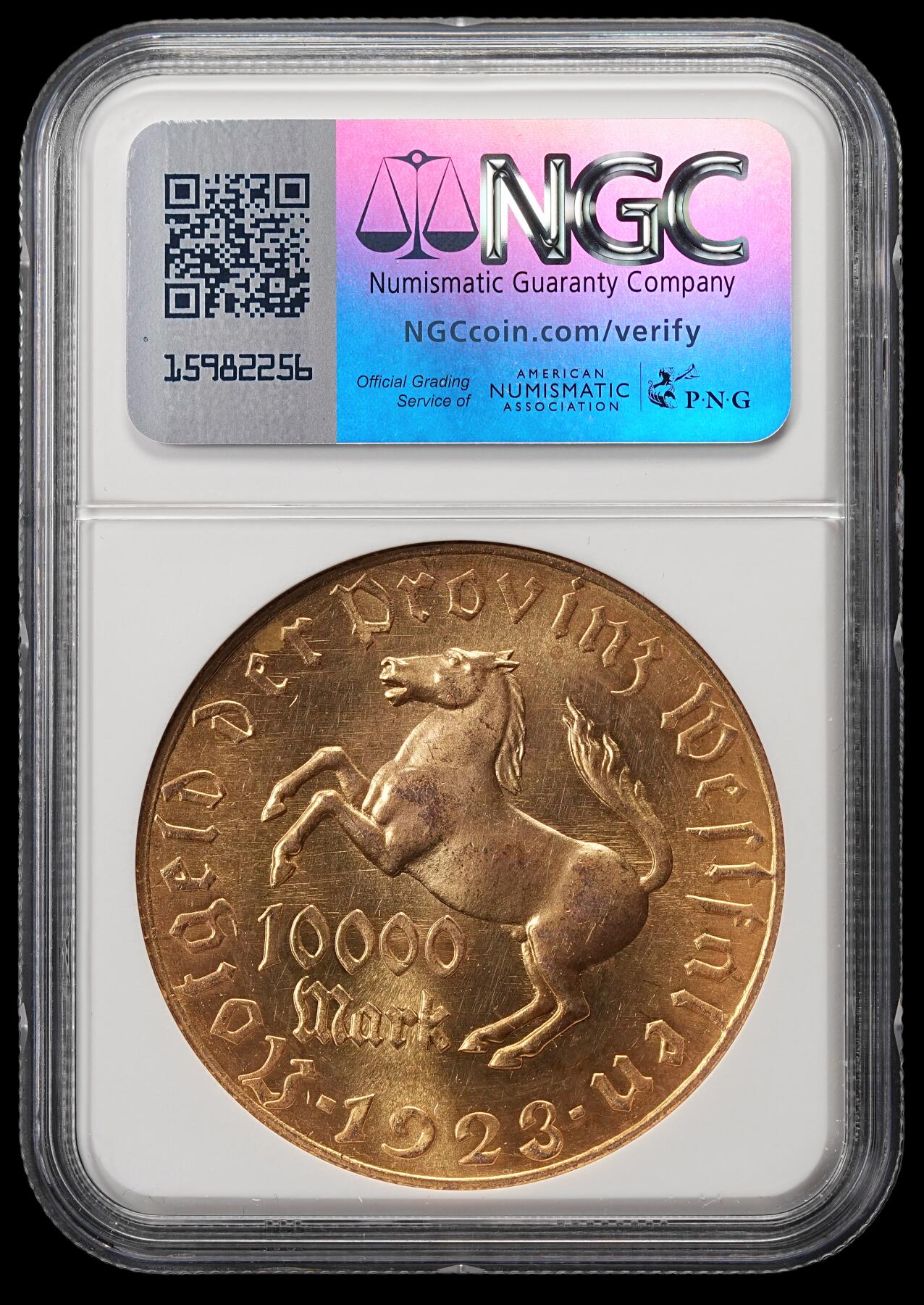 修遠堂世界钱币第五十期 全场包邮 NGC MS63 1923年德国紧急时期威斯特法伦鎏金1万马克大马币