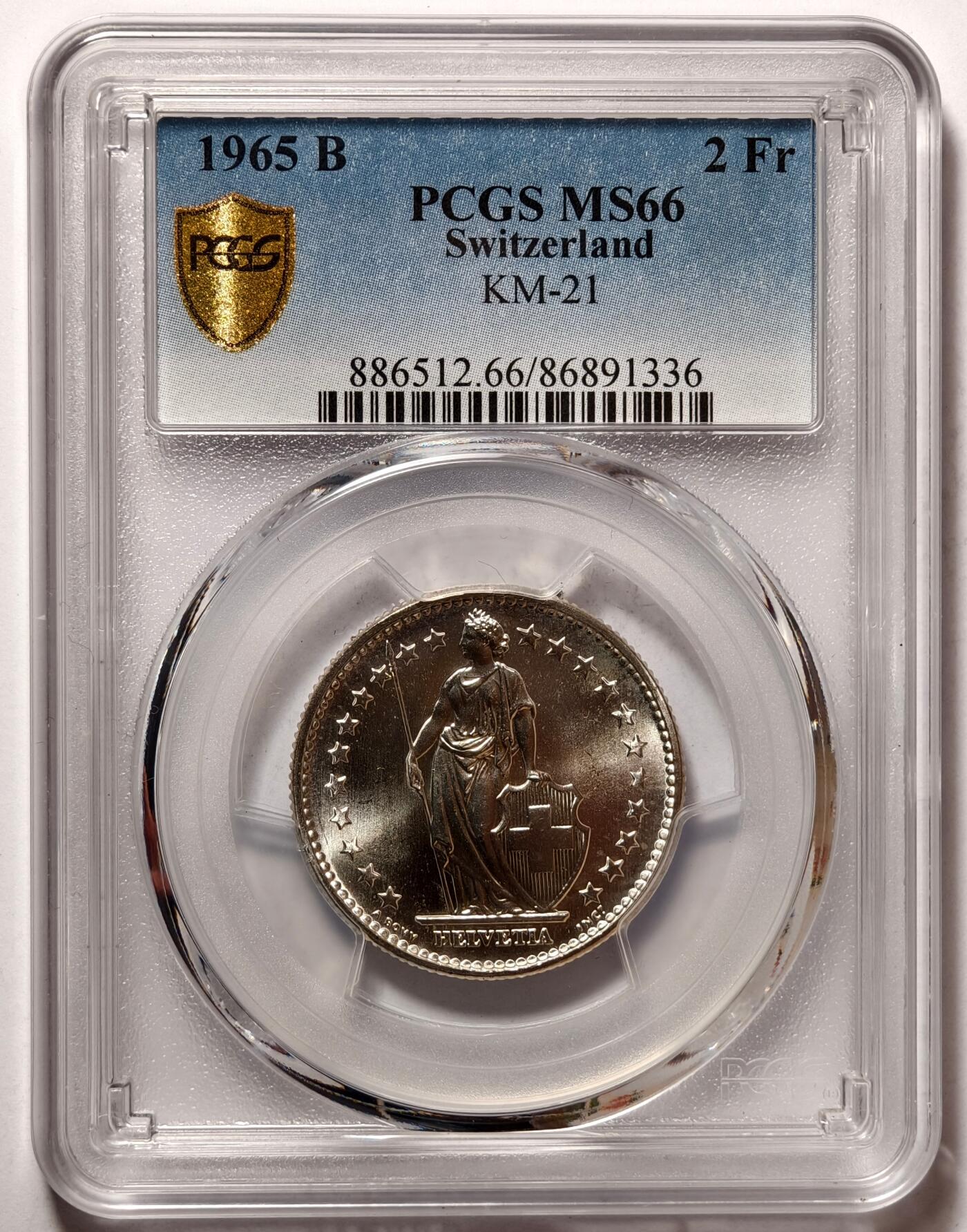 紫瑗钱币——第476期 瑞士 1965年 B版 赫尔维蒂亚 2法郎 银币 PCGS MS66