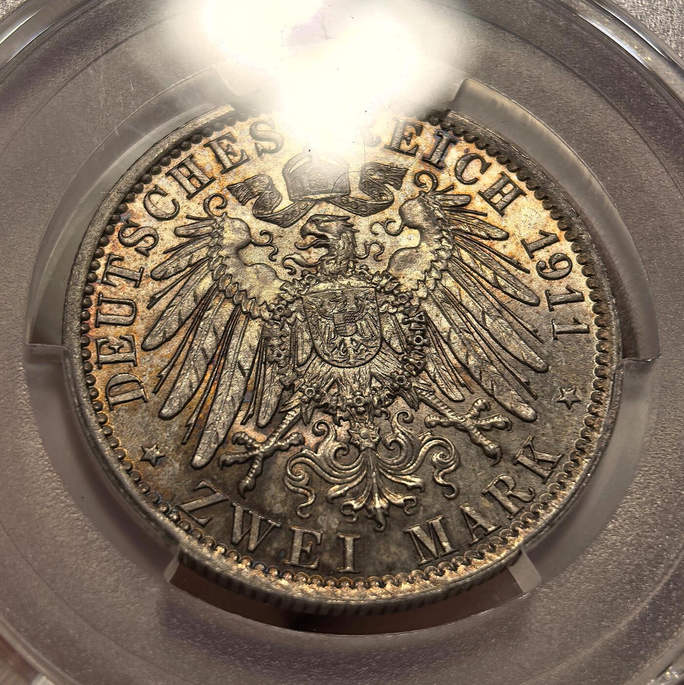 博洋堂世界钱币拍卖第103期（全场包邮） PCGS MS65 德国普鲁士1911年威廉二世流通2马克银币，炫彩包浆，难得的高分流通品。