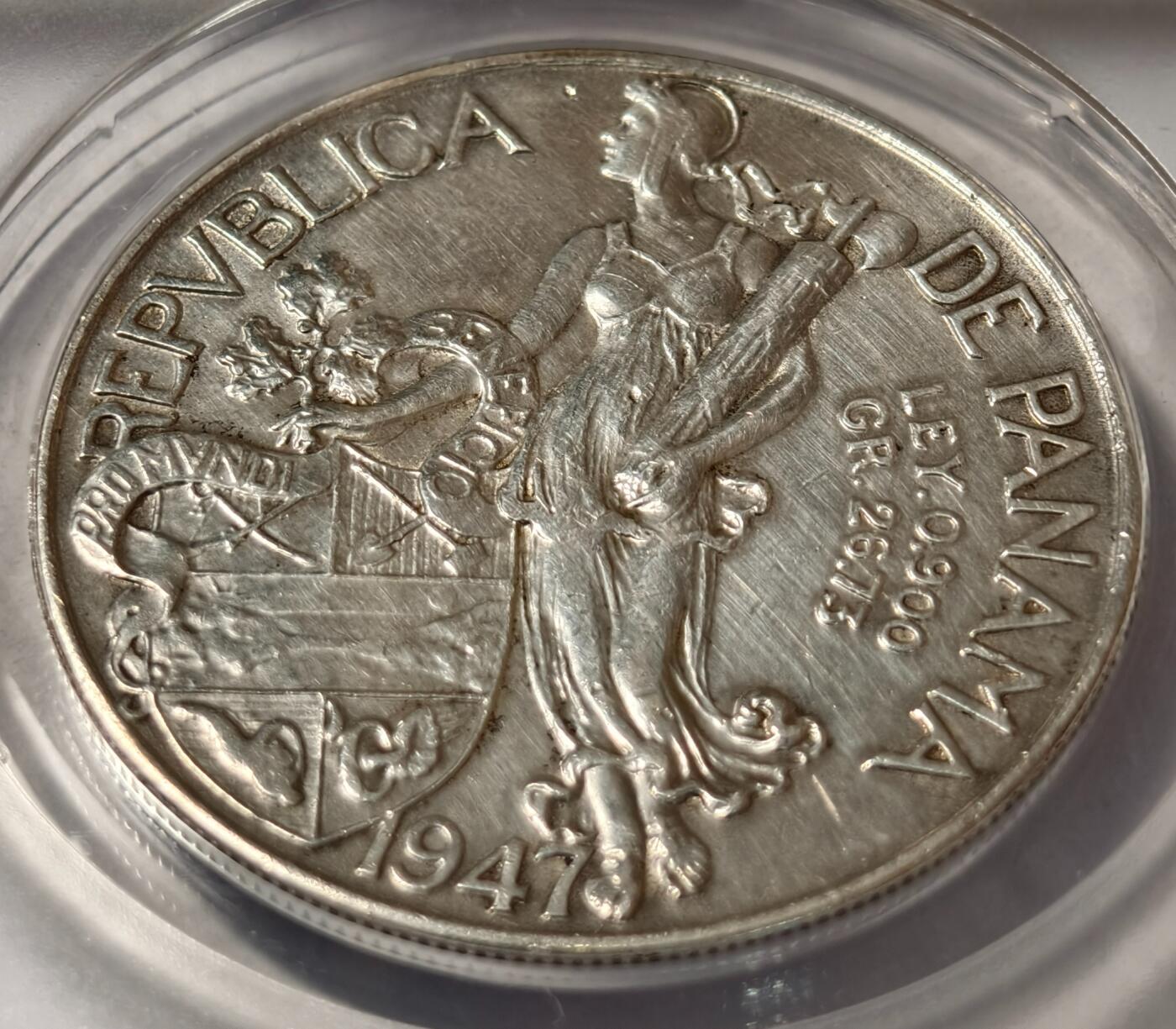 紫瑗钱币——第468期 巴拿马 1947年 总督巴尔博亚 1巴波亚 0.9银 26.73 克 ANACS  DETAIL AU58