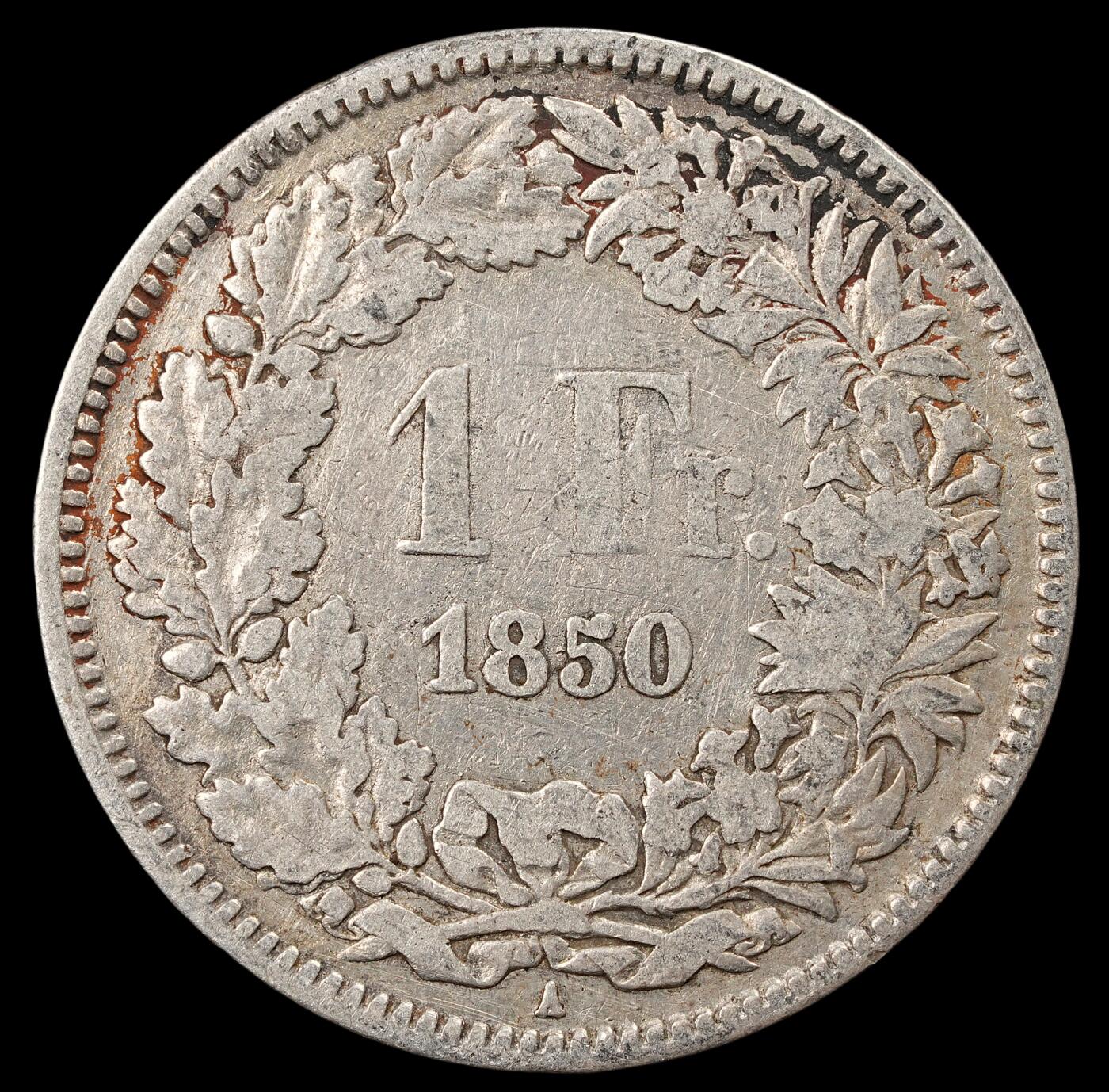 修遠堂世界钱币第五十期 全场包邮 1850年瑞士1法郎银币 4.86g