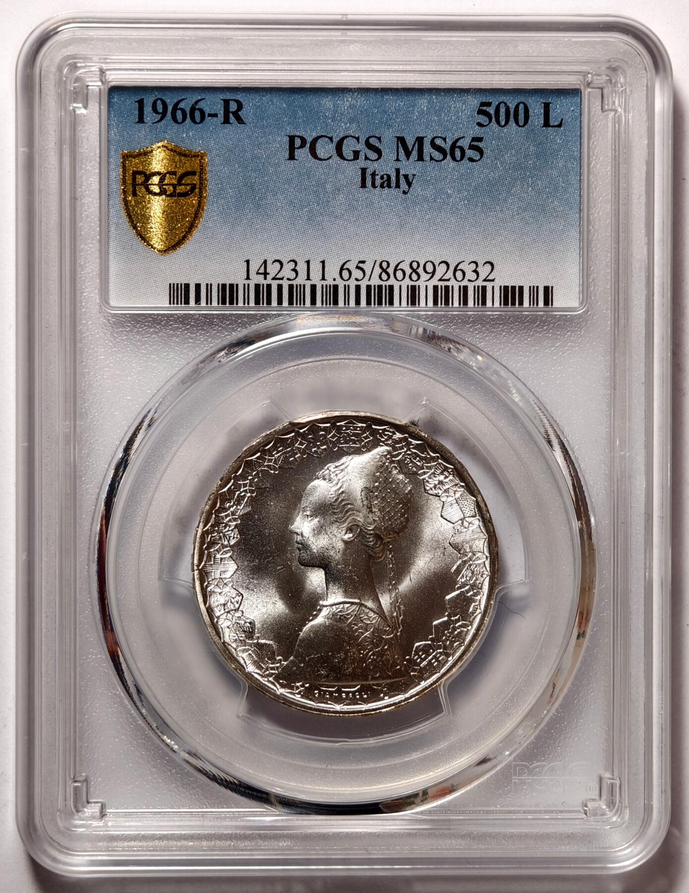 紫瑗钱币——第476期 意大利 1966年 R版 少女与帆船 500里拉 银币 PCGS MS65