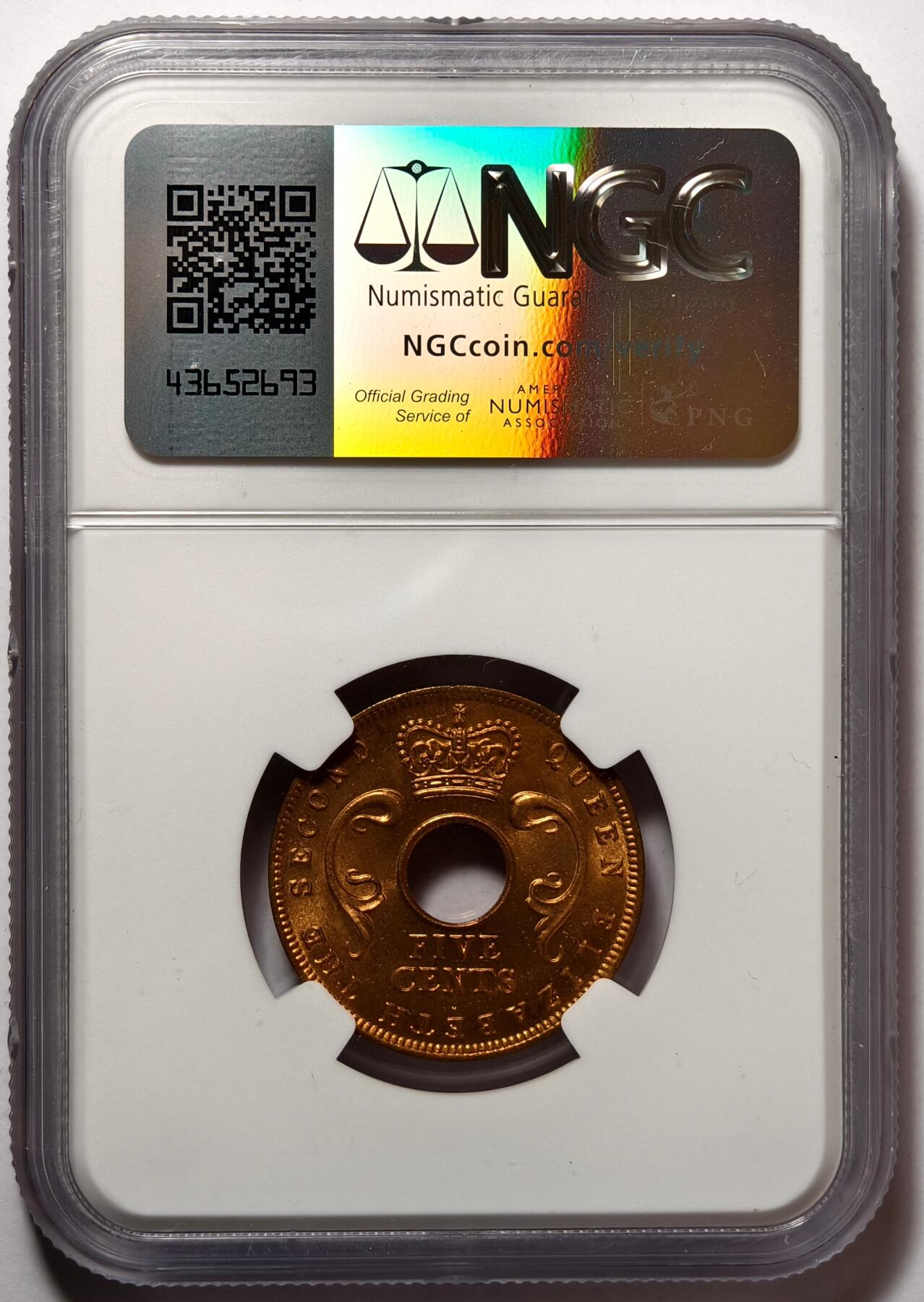 紫瑗钱币——第476期 英属东非 1956年 H版 伊丽莎白二世 5分 红铜币 NGC MS65 RD