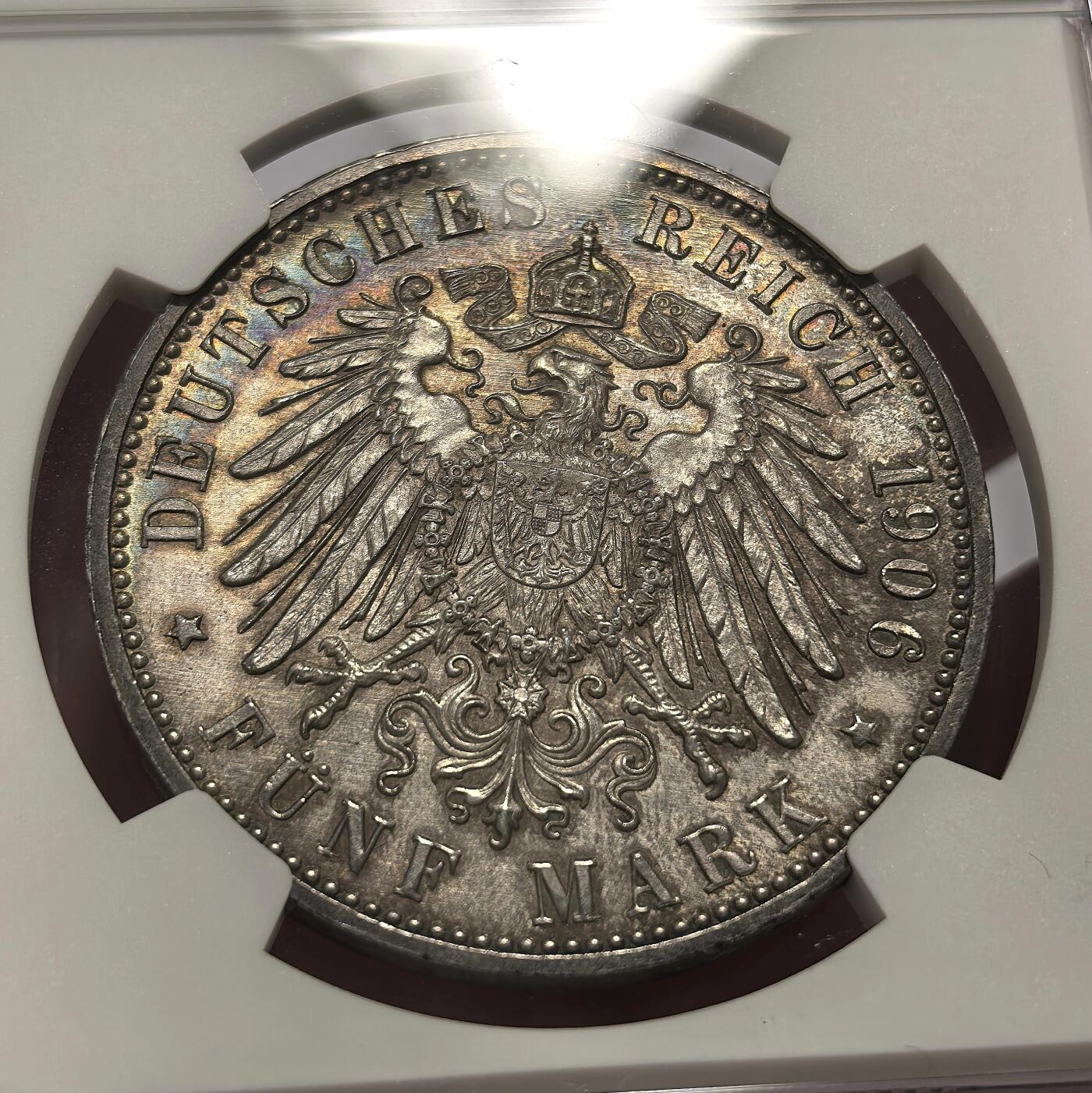 博洋堂世界钱币拍卖第103期（全场包邮） NGC MS62 德国巴登1906年金婚纪念5马克银币 彩包浆，状态很好，低评。