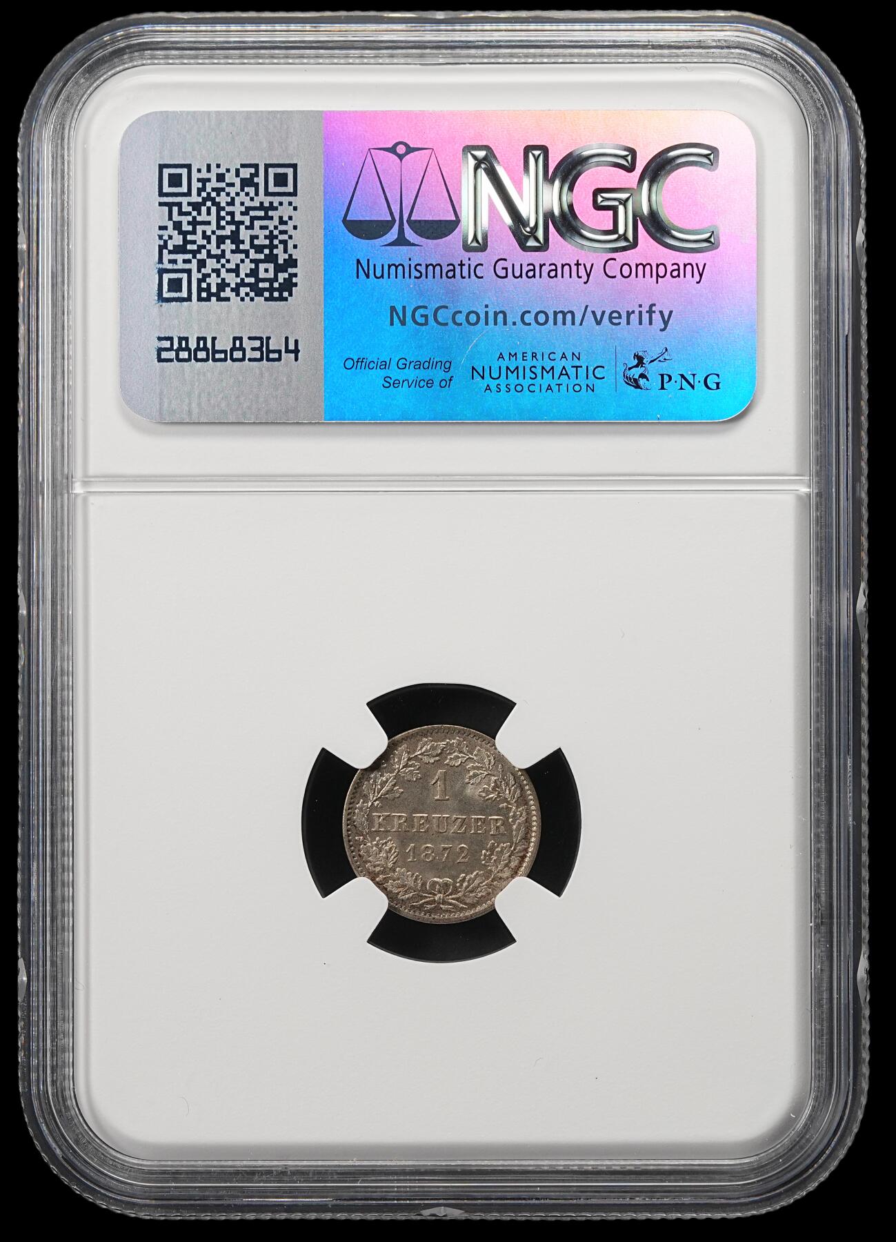 修遠堂世界钱币第五十期 全场包邮 NGC MS65 1872年符腾堡1克鲁泽银币 纸袋包浆