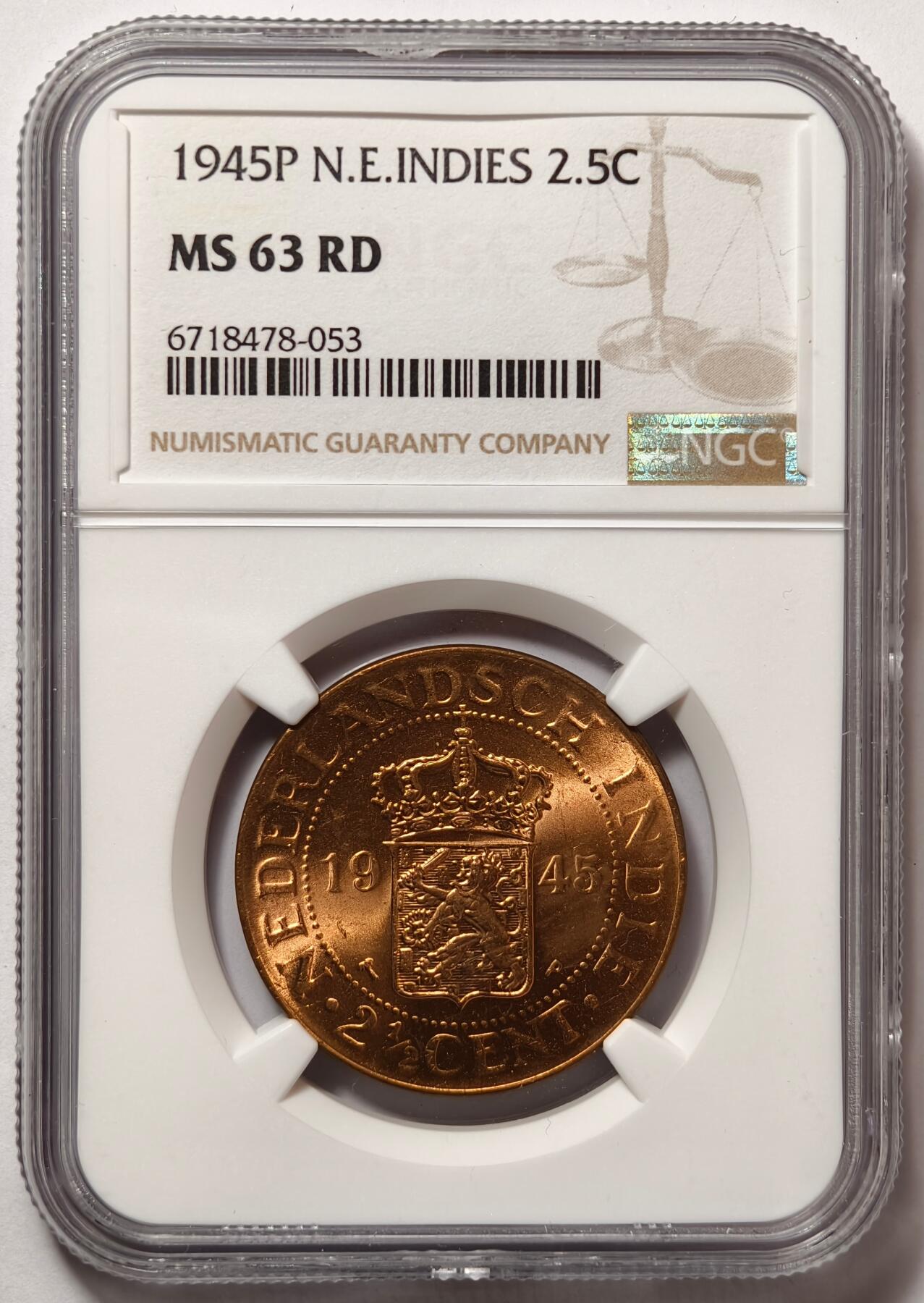 紫瑗钱币——第474期 荷属东印度 1945年 P版 2.5分 铜币 NGC MS63 RD