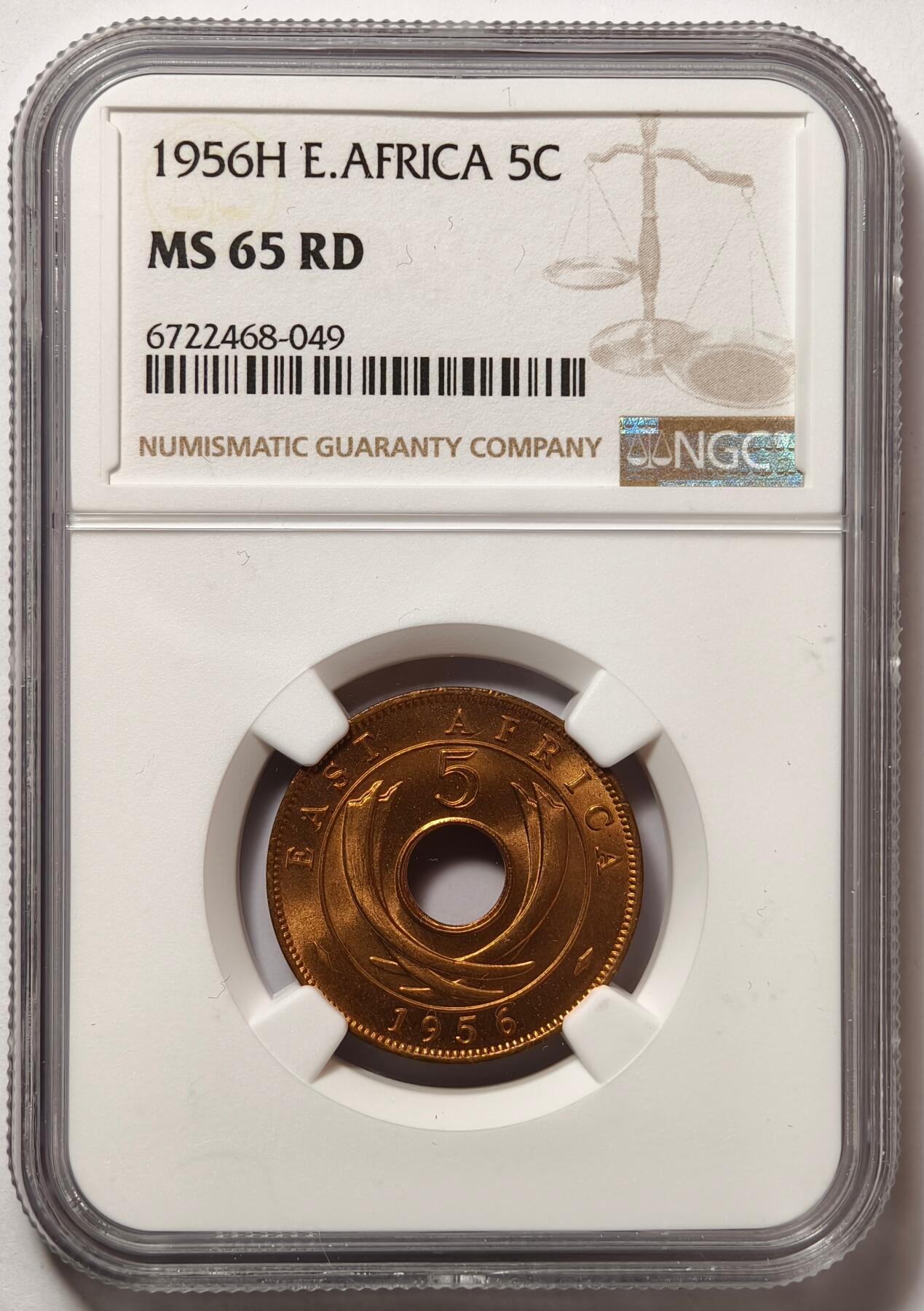 紫瑗钱币——第474期 英属东非 1956年 H版 伊丽莎白二世 5分 红铜币 NGC MS65 RD
