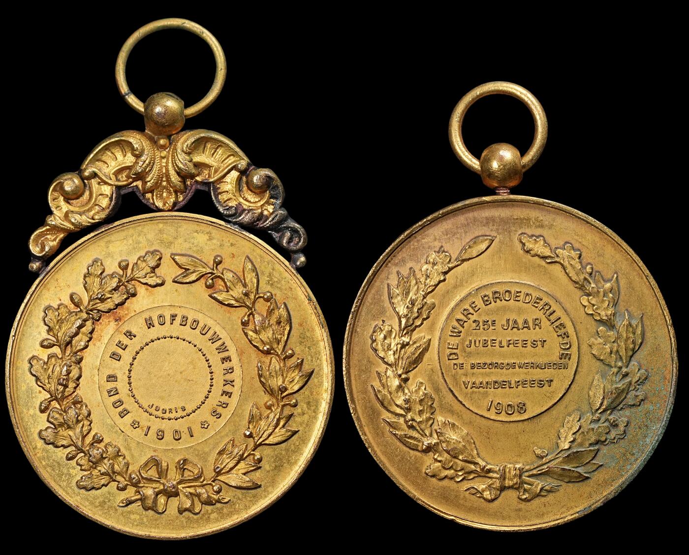 修遠堂世界钱币第五十期 全场包邮 1901-1908年比利时铜鎏金章两枚 78g