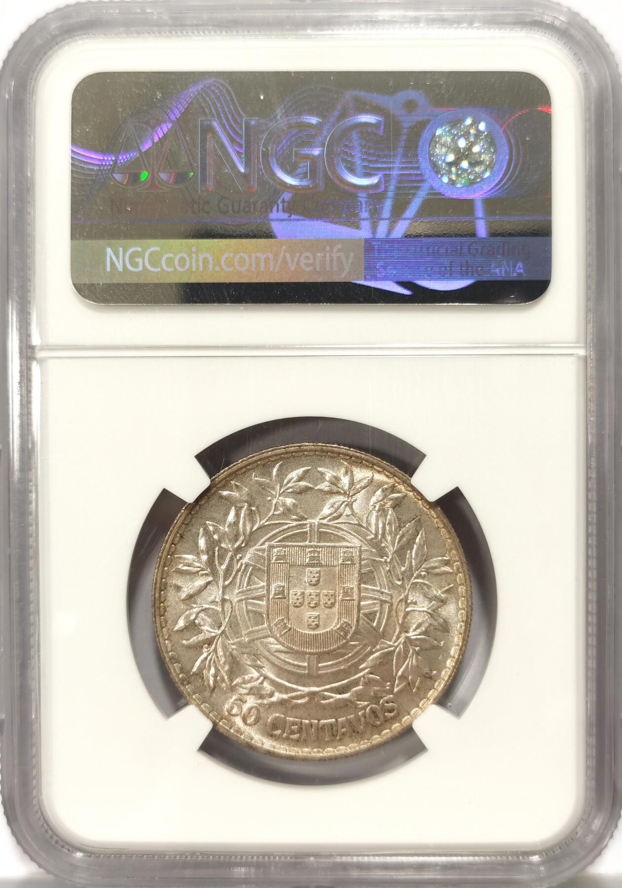 博洋堂世界钱币拍卖第103期（全场包邮） NGC MS62 葡萄牙1916年女神50分银币，女神像柔美气概，值得收藏！