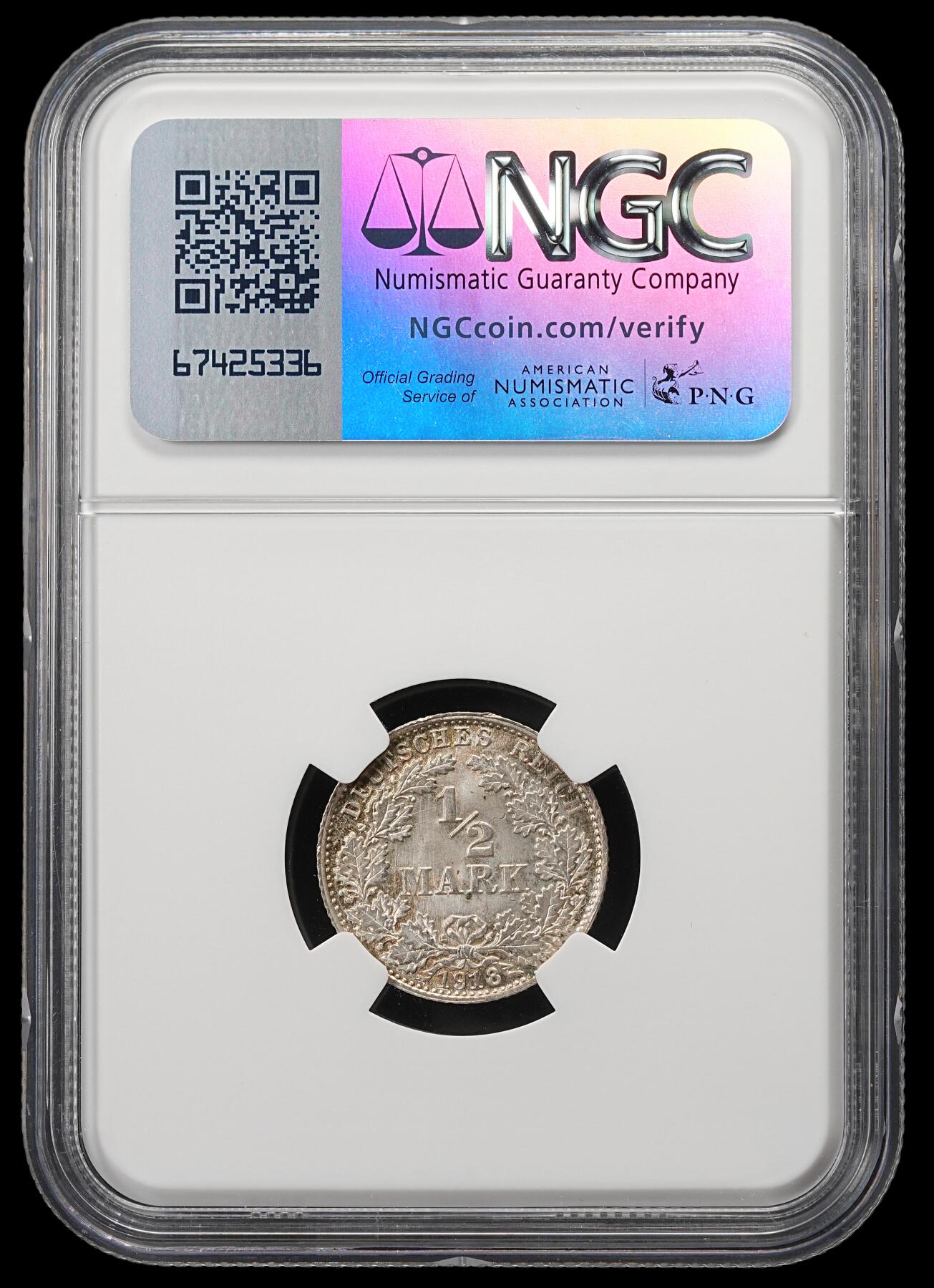修遠堂世界钱币第五十期 全场包邮 NGC MS66 1918年德国1/2马克银币