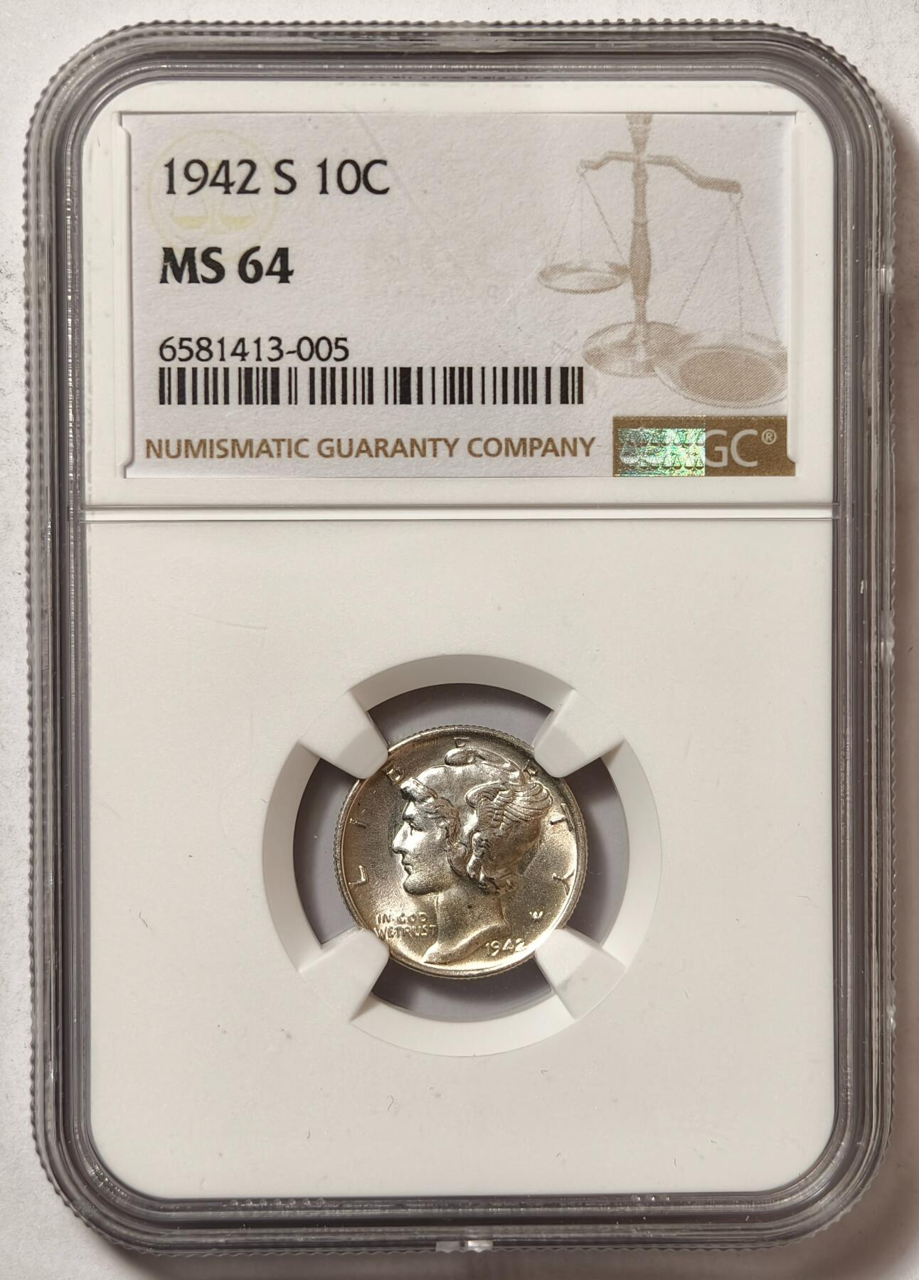 紫瑗钱币——第468期 美国 1942年 S版 墨丘比利 小飞侠 10美分 2.5克 0.9银 NGC MS64